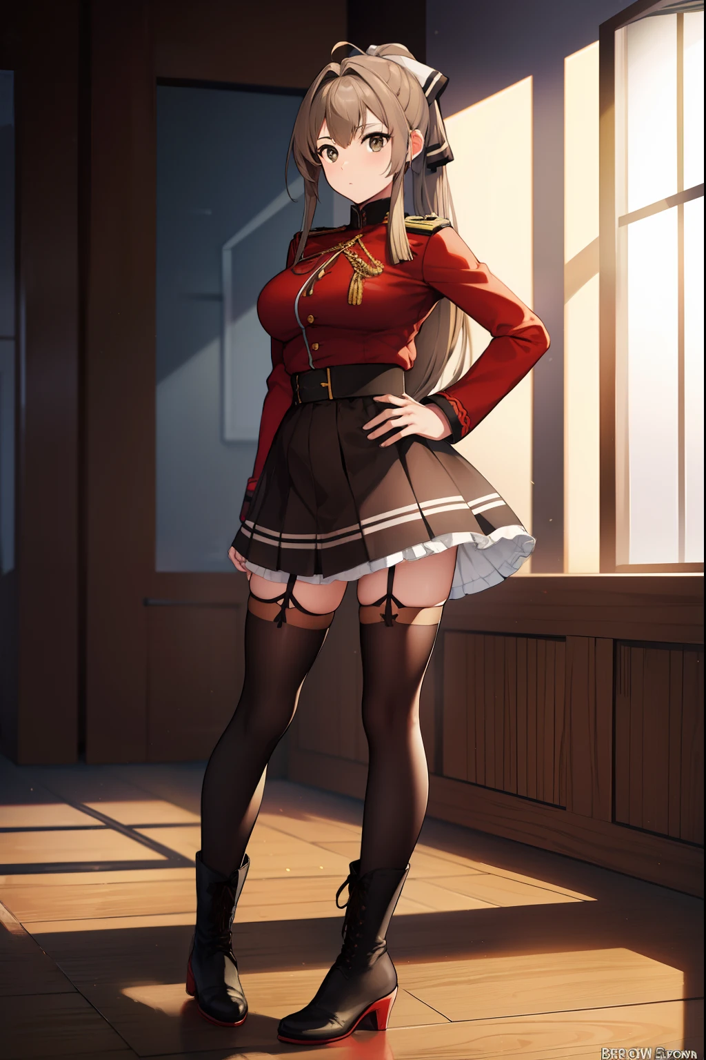 isuzusento, isuzu sento, ahoge, (brown eyes:1.7), light brown hair, long hair, ponytail, hair ribbon, ribbon, (medium breast:1.2),
BREAK aiguillette, ankle boots, black ribbon, black skirt, boots, brown footwear, cross-laced footwear, frilled skirt, frills, jacket, lace-up boots, military, military uniform, pleated skirt, (red jacket:1.5), skirt, thighhighs, uniform, white thighhighs, white ribbon, buttons, sleeveless,
BREAK looking at viewer,
BREAK indoors, classroom,
BREAK (masterpiece:1.2), best quality, high resolution, unity 8k wallpaper, (illustration:0.8), (beautiful detailed eyes:1.6), extremely detailed face, perfect lighting, extremely detailed CG, (perfect hands, perfect anatomy),