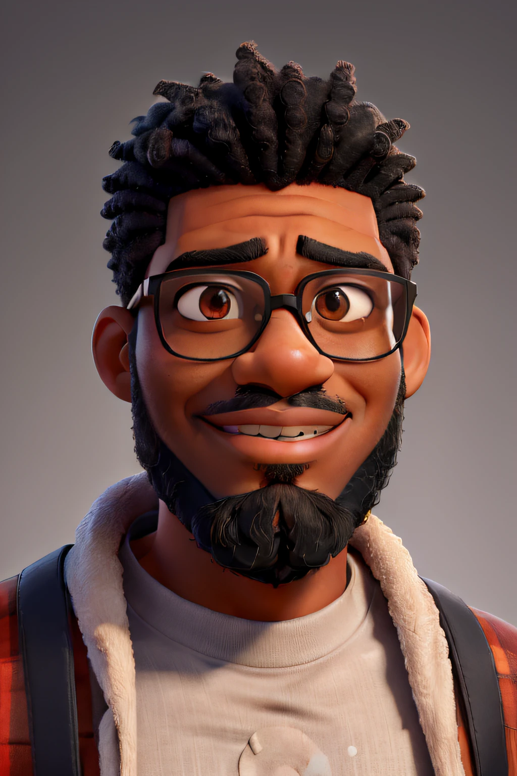 (best quality, highres, masterpiece:1.2), detailed portrait of a black man with a neat black beard, short hair in a low fade style, wearing black-framed glasses with translucent lenses, and a red shirt.