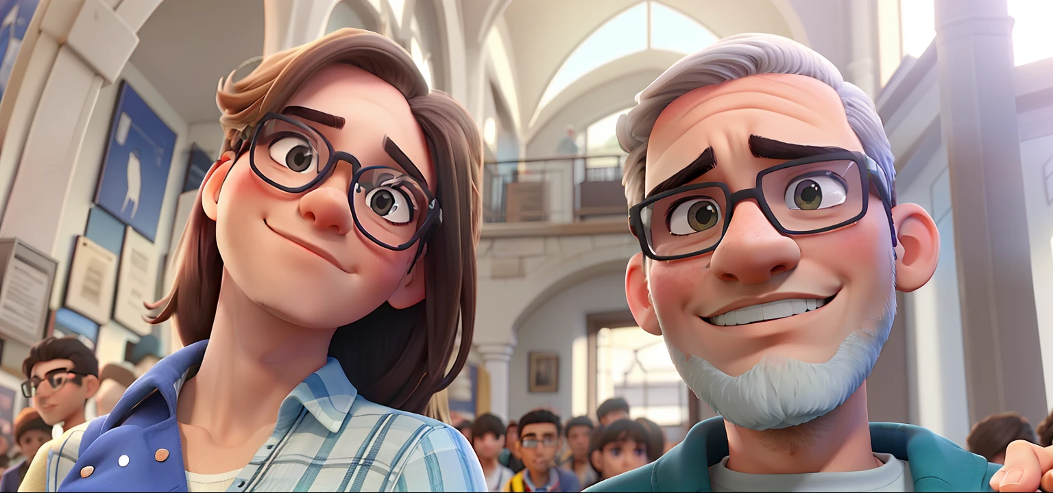 Jovem casal, Man stands with glasses and looks in love. O jovem rapaz tem barba no rosto todo. The two of them are in a very beautiful background landscape