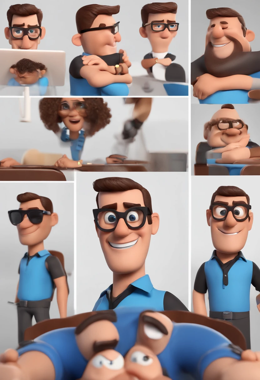 Cartoon character of a man with black glasses and a blue shirt, animation character, Caractere estilizado, animation style rendering, 3D estilizado, Arnold Maya render, 3 d render stylized, toon render keyshot, Personagem 3D, Personagem 3D, 3d rendering stylized, 3 d character render, personagem de desenho animado, Personagem de close up, Pose de personagem, (Estilo Pixar) (master part:1.2) (Bokeh) (best quality) (pele detalhada) (textura detalhada) (8k) (argila) (Cinematic lighting) (foco nítido