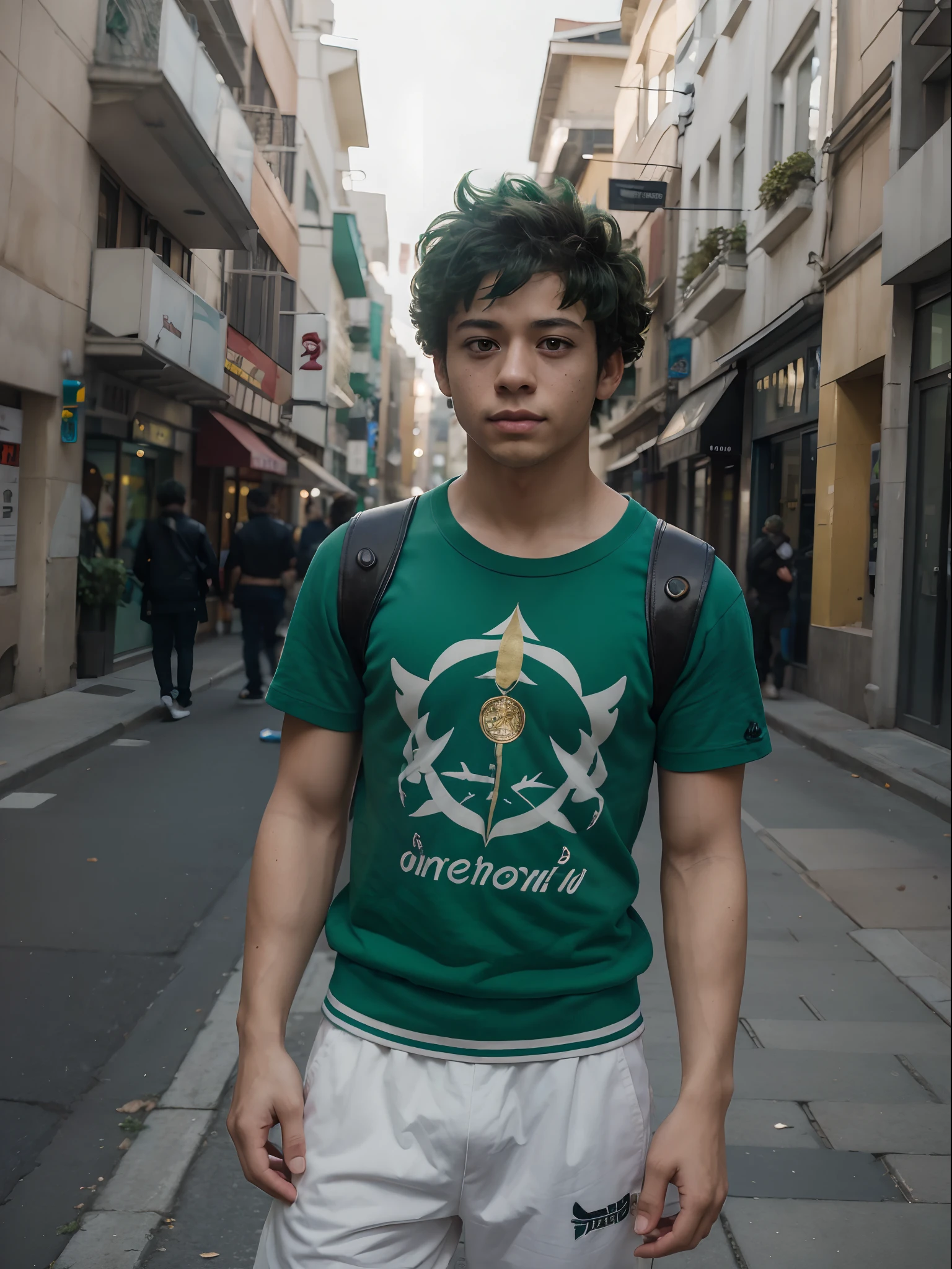 (midoriya_izuku), half body shot, street wear, A handsome boy, frontal, worried,on the street, super high detail, high real, 4K, super detail, anime boy, anime style,green hair,green armour Shir