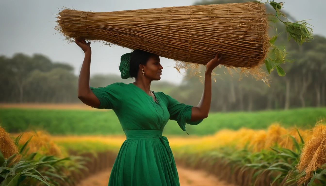 Ultrarealismo, oil-painting, silhueta, mulher agricultora, Walking through a plantation, carrying a basket of straw over his head, The two arms are raised balancing the basket, fundo verde, plantation