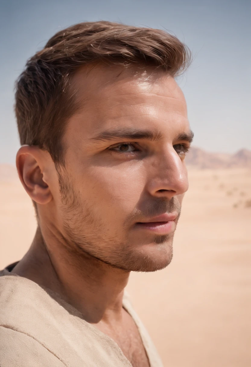 Man walking in the desert, very short hair, dubai en fond, 50m from the camera, high contrast, couleurs chaudes, ultra realist, highly detailed, complicated, mise au point nette, profondeur de champ, Prise de vue moyenne, Hdr, 8k, (hyperrealism:1.2), (photoreallistic:1.2), prise avec le Canon EOS 5D Mark IV