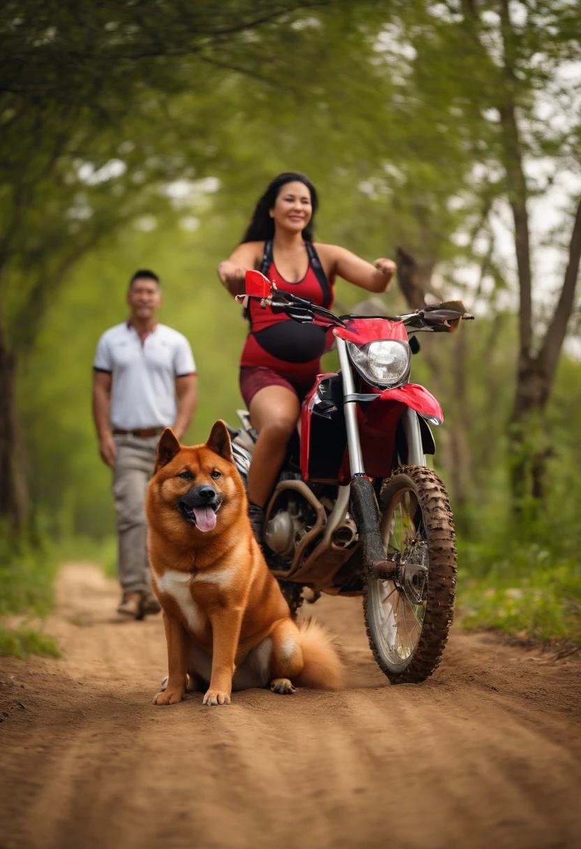 Red Akita Inu dog with his muscular owner on a motocross track and his pregnant wife
