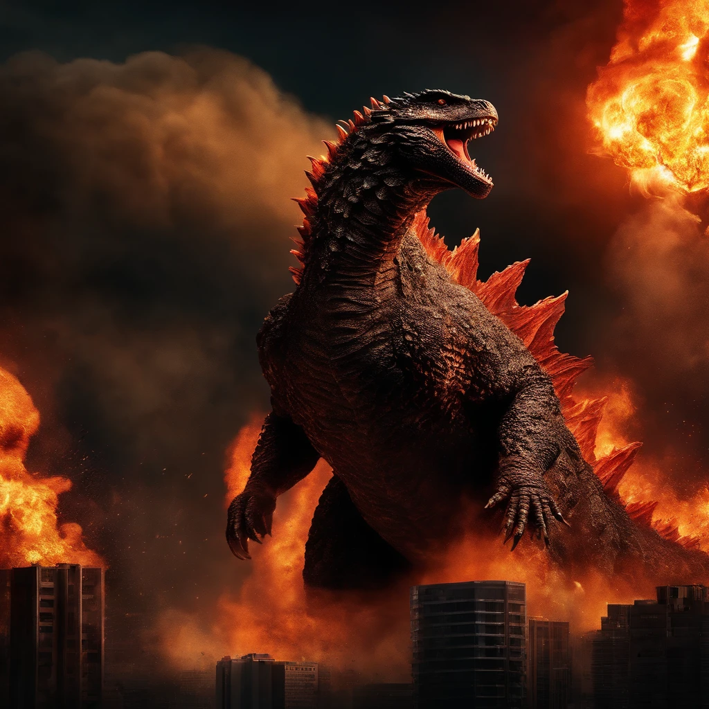 Rising of burning Godzilla, angry, atomic explosion , burning atmosphere , dark sky, 16k ultra high hd, highly detailed, realistic, full view of godzilla, metallic,