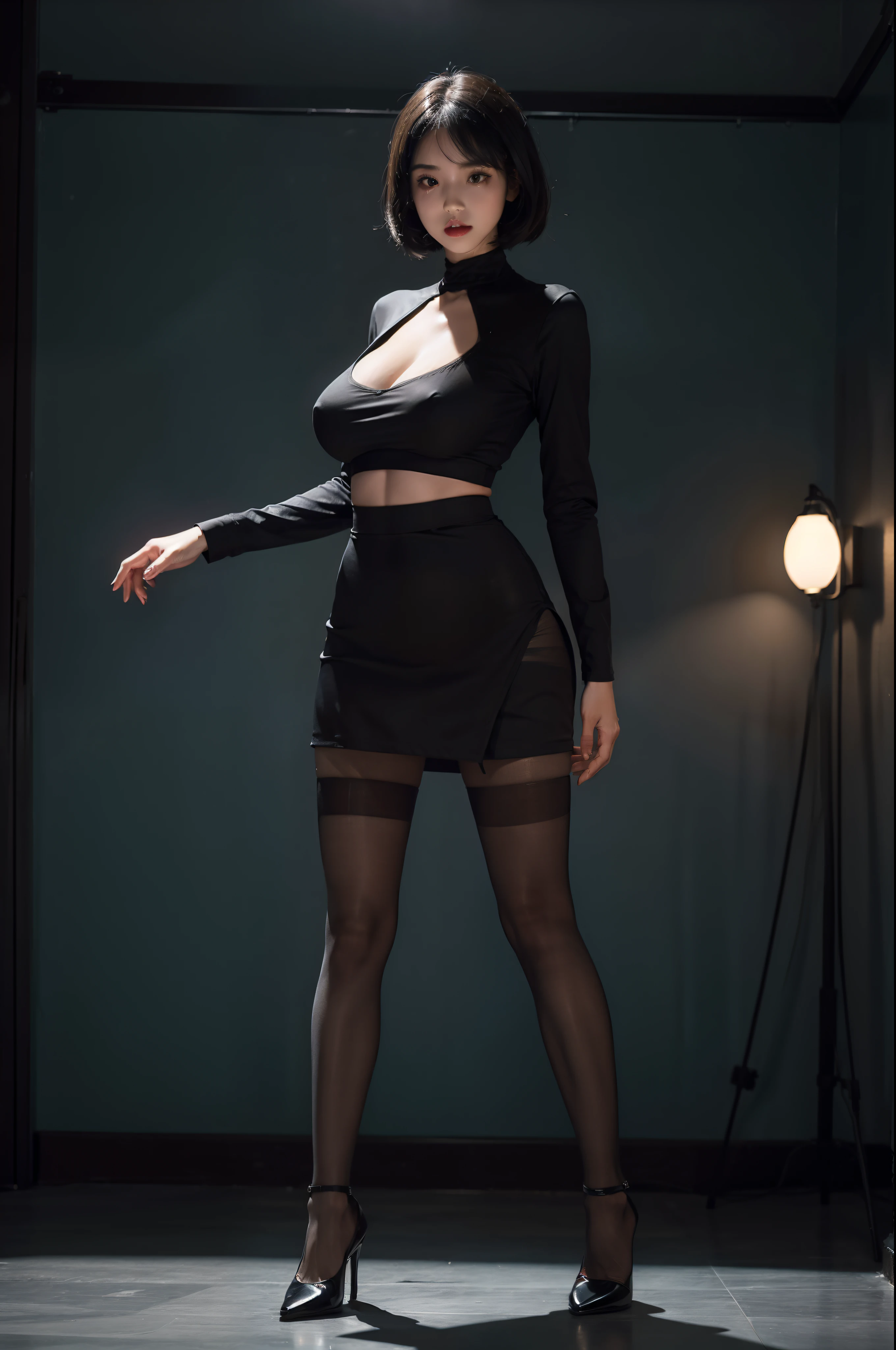 (full body:2),(1girl:1.3),(view the viewer:1.4),(anatomy correct:1.4),(Opaque pantyhose and pointed thick heels :1.3),(Dancing in the hospital:1.2),(High waisted Nurse skirt:1.2),(short black Hair:1.25),(Accurate and perfect face:1.3),(Long legs and big feet:1.3),((Skin reflection , Skin Gloss):1.2),hyper HD, Ray traching, reflective light, structurally correct, Award-Awarded, high detail, lighten shade contrast, Face lighting ,cinematic lighting, masterpiece, super detailing, high quality, high detail, best quality, 16k,High contrast, (gigantic breasts:1.2)