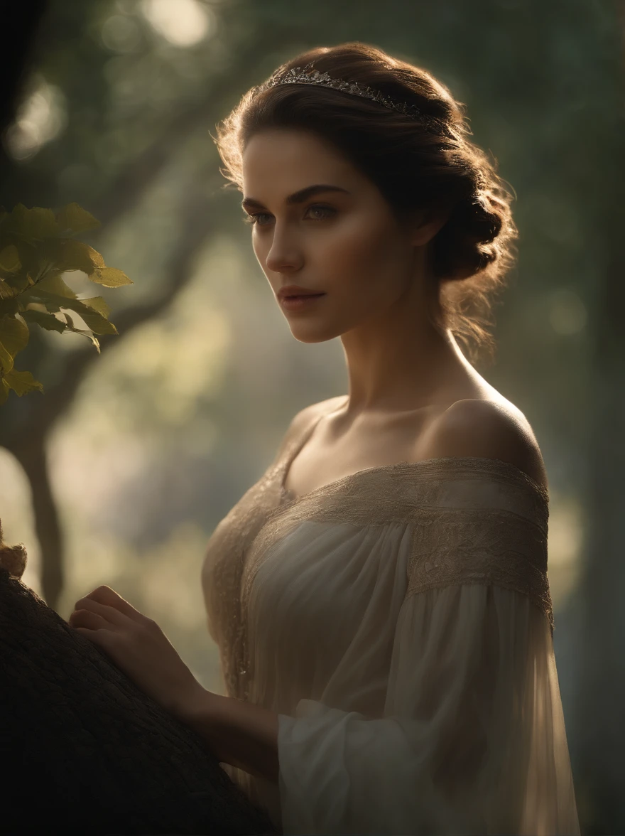 high quality, 8K Ultra HD, hyper-realistic, full body, A charming woman in a forest with a view of an old castle, The woman is portrayed in a moonlit setting, her features bathed in a soft, diffused glow that accentuates the delicate nuances of her expression. The artist, drawing from Sargent's precision, captures every subtle contour of her face, the intricacies of her gaze, and the cascading strands of her hair, In this mysterious ambiance, the artist employs da Vinci's mastery of shadow and light, creating an alluring interplay that accentuates the enigmatic aura surrounding the woman, Shadows dance across her features, enhancing the depth of her gaze and adding a touch of secrecy to the composition, by yukisakura, highly detailed,
