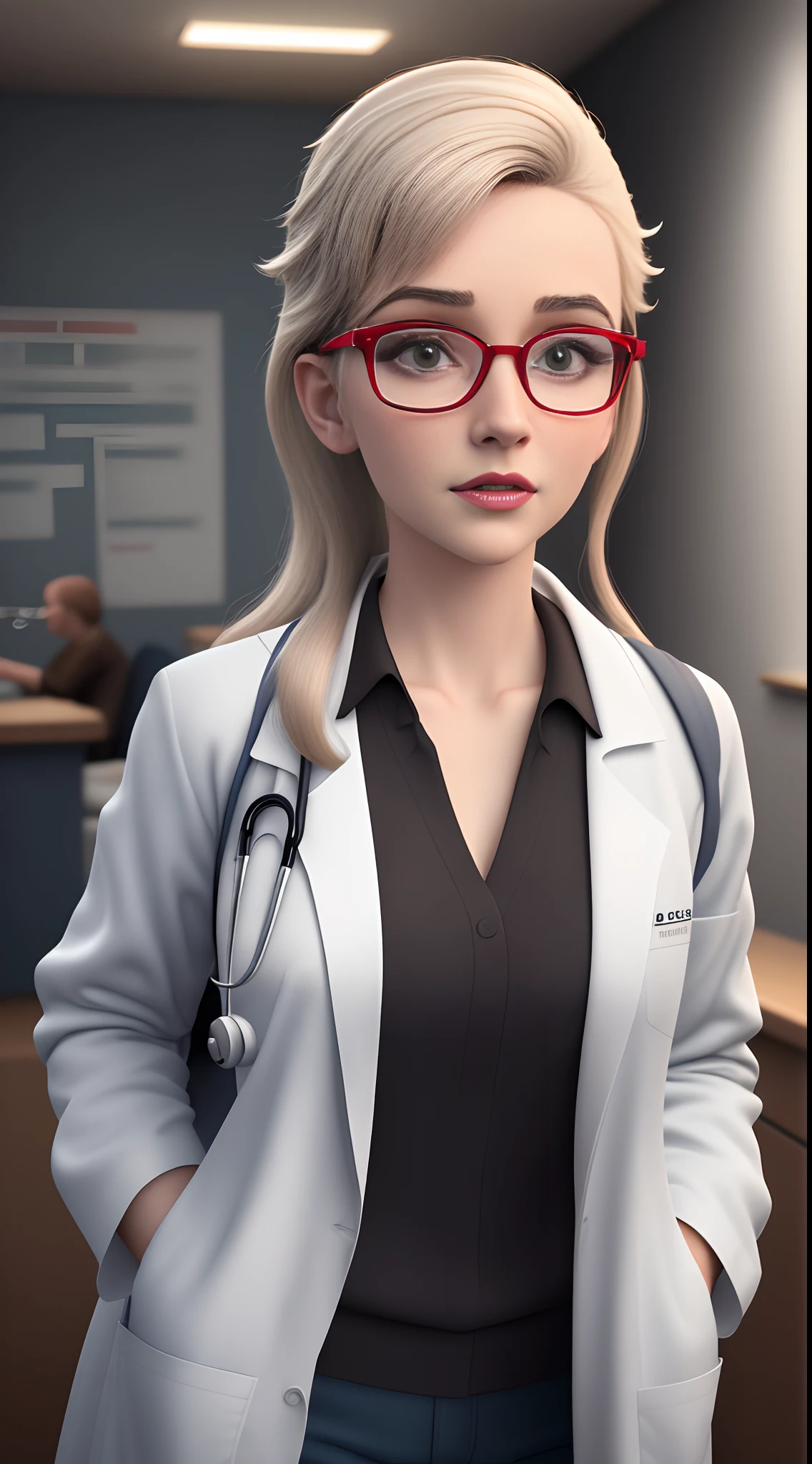 create a 3D movie poster inspired by Disney Pixar, The scene should be in Pixar's signature digital art style, com uma imagem caricata de uma mulher branca com cabelos lisos loiro e solto, Medium Size, cor branca claro, Wearing a lab coat at the doctor's office. Red glasses