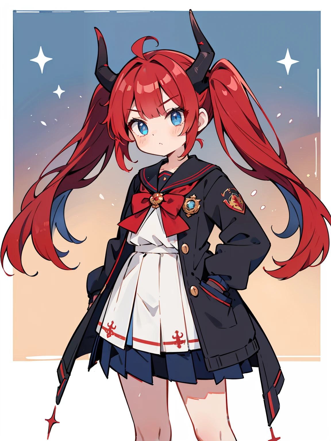 red hair, blue eyes, twintails, Sailor suit,black coat, Dragon horns,Pleated skirt,solo,{{best quality}}, {{masterpiece}}, {{ultra-detailed}}, {illustration}, {detailed light}, {an extremely delicate and beautiful}