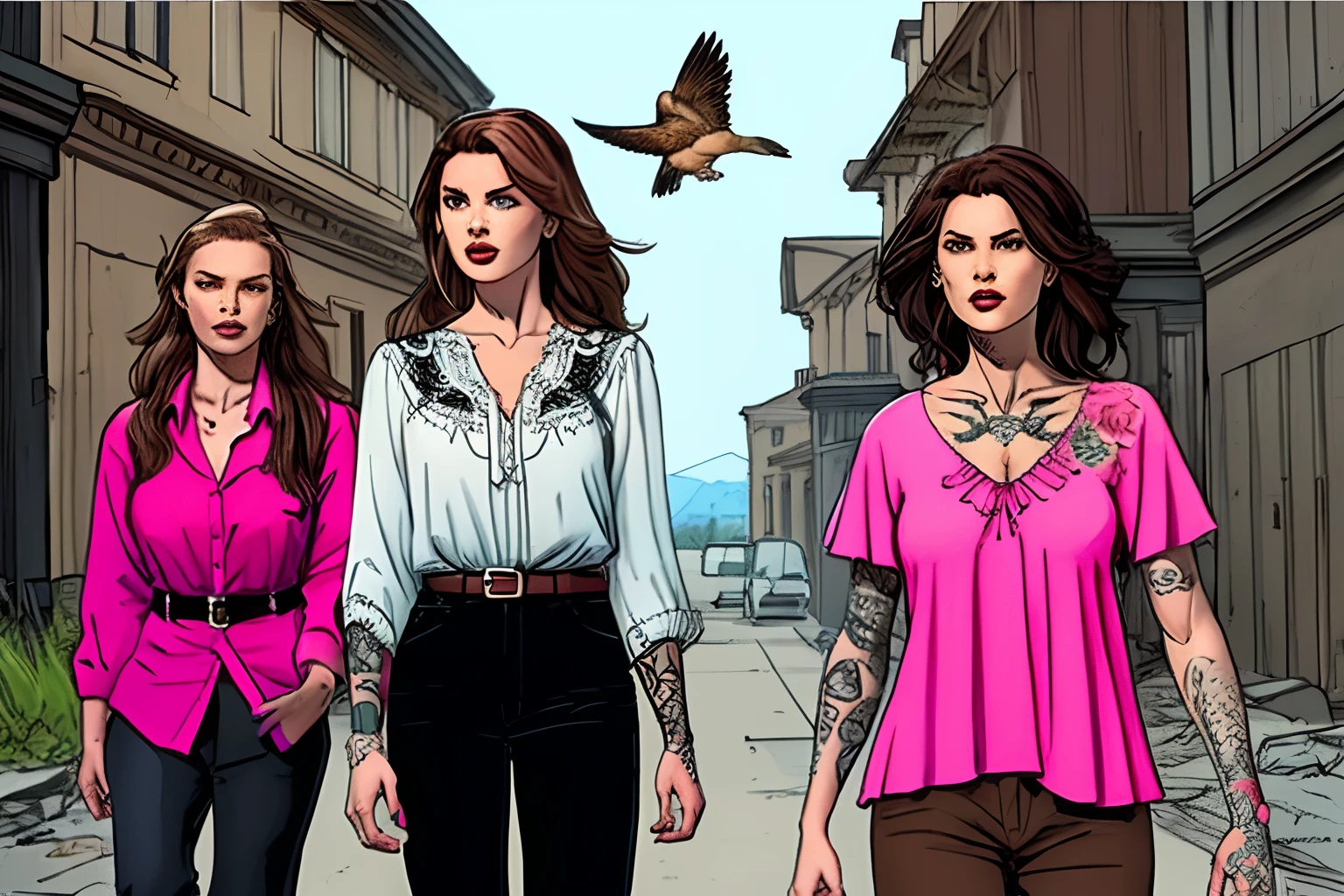 2d character: white woman with light brown hair, dark brown eyes, flower and bird tattoo on right arm, pink blouse, black pants in apocalypse scenario
