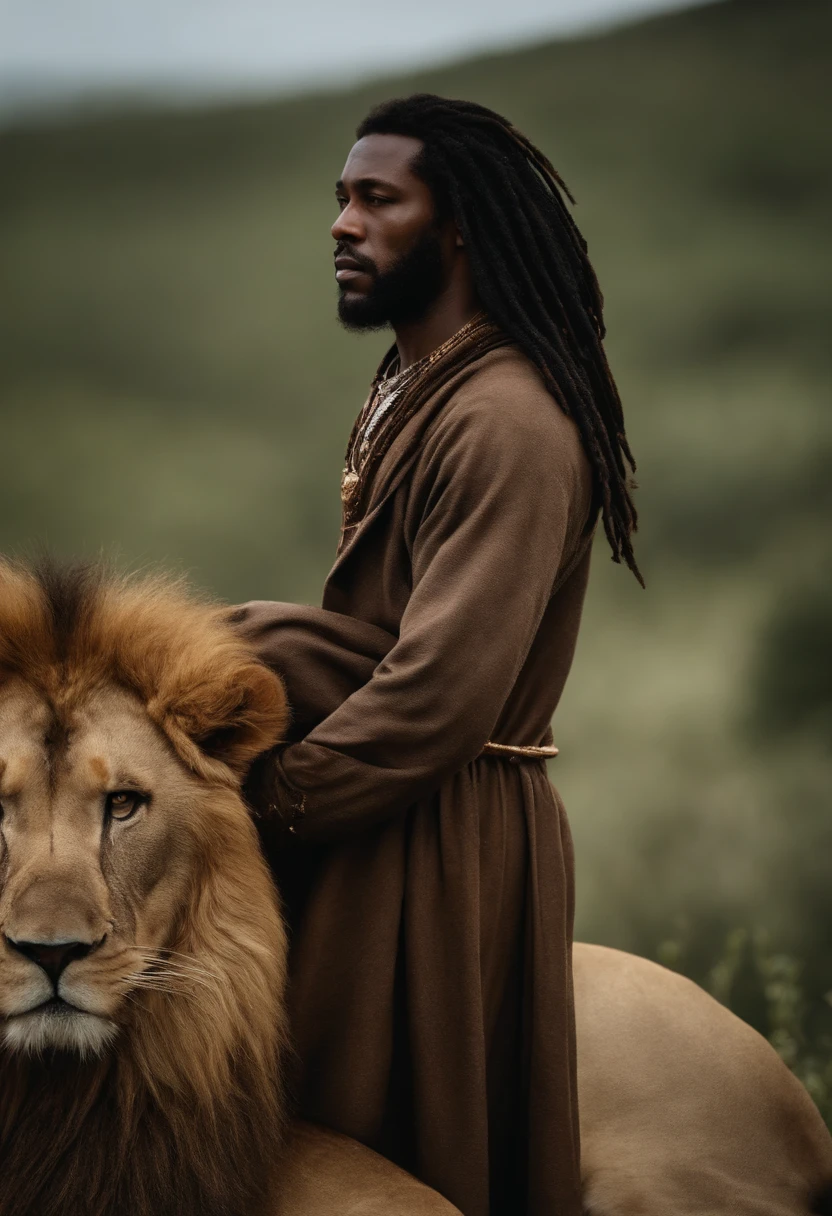 Um Homem forte e bom serio , Vestido com uma roupa antiga, uma sobretudo de pano cru, e um casaco de pelo branco por cima dos ombros, He looks like a lion, e usa uma coroa de espinhos, It is black and has full dreadlocks with copper and blonde colors.