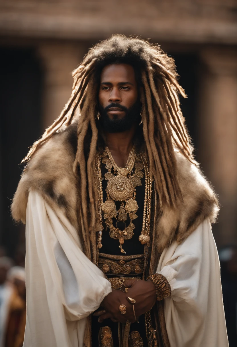 Um Homem forte e bom serio , Vestido com uma roupa antiga, uma sobretudo de pano cru, e um casaco de pelo branco por cima dos ombros, He looks like a lion, e usa uma coroa de espinhos, It is black and has full dreadlocks with copper and blonde colors.