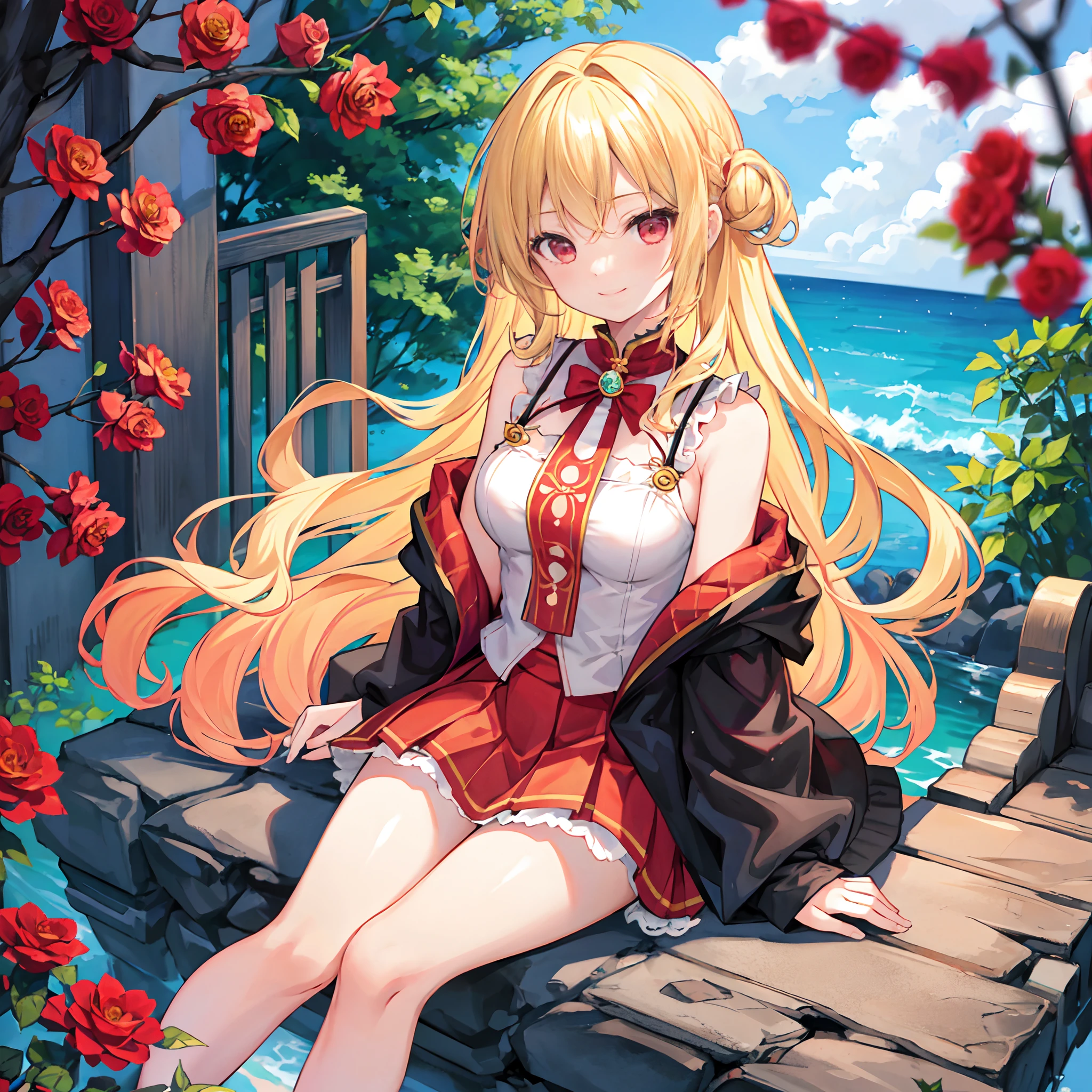 Wavy blonde、1 girl with red eyes、独奏、doress、off shoulders、a miniskirt、Sitting surrounded by roses、A smile