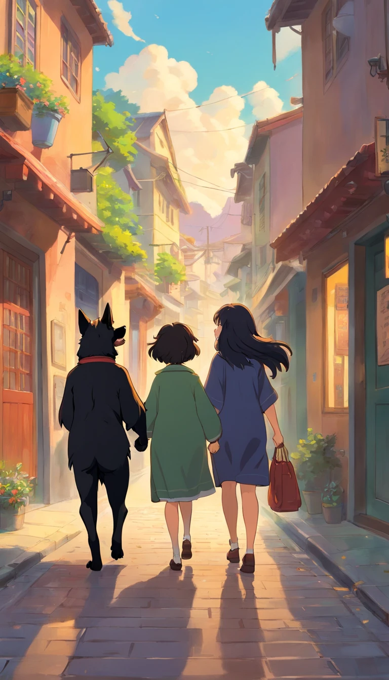 Ana and John are strolling down the street. Ana tem cabelos cacheados castanho. John tem cabelo preto liso. The two adult all-black dogs of the Border Collie breed. Um dos cachorro tem a ponta do rabo branca. They're happy