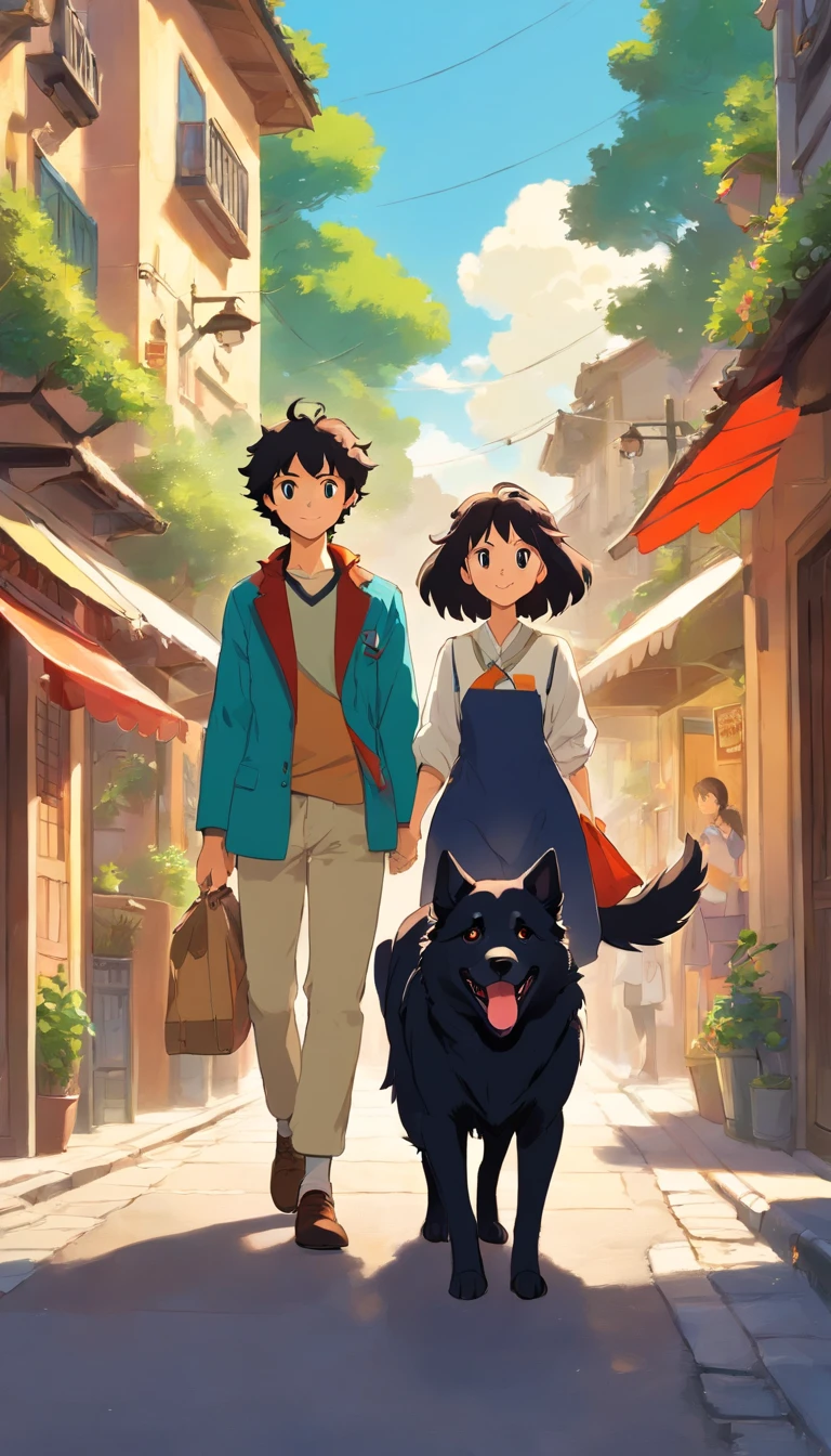 Ana and John are strolling down the street. Ana tem cabelos cacheados castanho. John tem cabelo preto liso. The two adult all-black dogs of the Border Collie breed. Um dos cachorro tem a ponta do rabo branca. They're happy