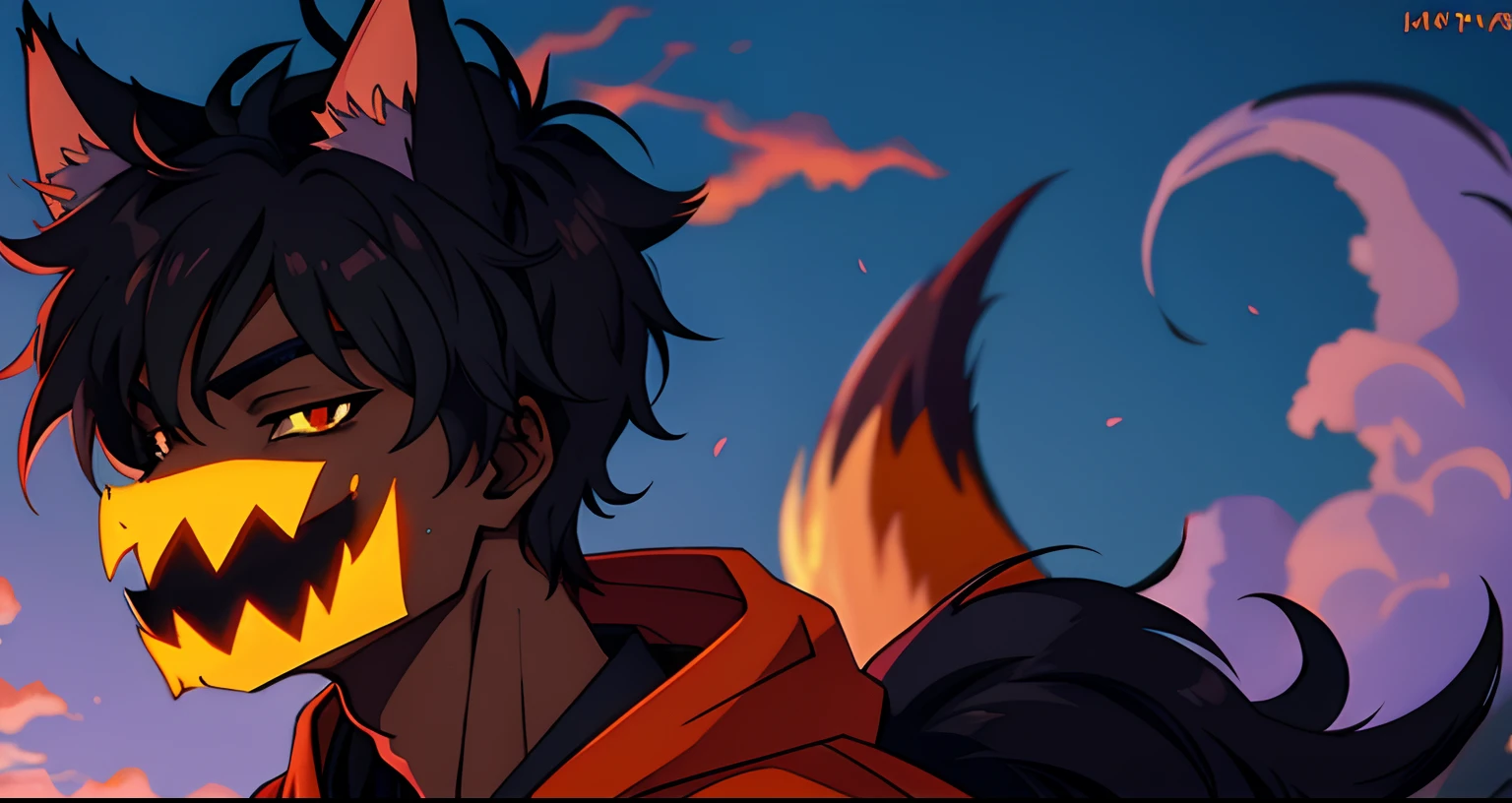 Black young boy with black tail, werewolf, halloween anime art