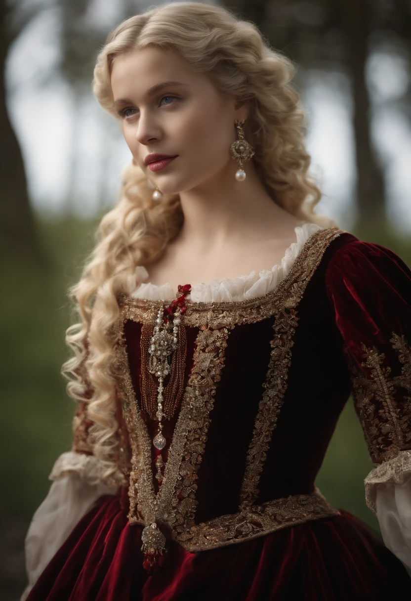 Imagem de um menino Valois, a young French courtesan of the sixteenth century of the fourteenth century, de 16 anos, com sua beleza e charme . Blonde with white hair and beautiful expressive blue curly eyes with small strands and braids. She is dressed in an exquisite black dress with red details with pearls and gold, com um decote mergulhante. Joias finas, colar com muitas perolas e rubis, brincos de perolas e aneis em seus dedos. (melhor qualidade,ultra-realistic:1.2),A high resolution ,ultra-detalhado,