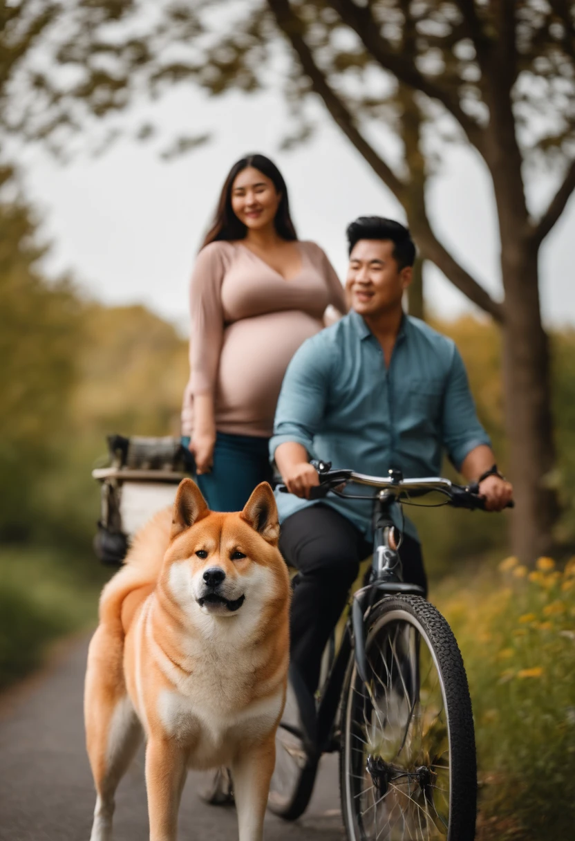 Akita Inu next to his owner riding a bicycle and his pregnant wife next to him