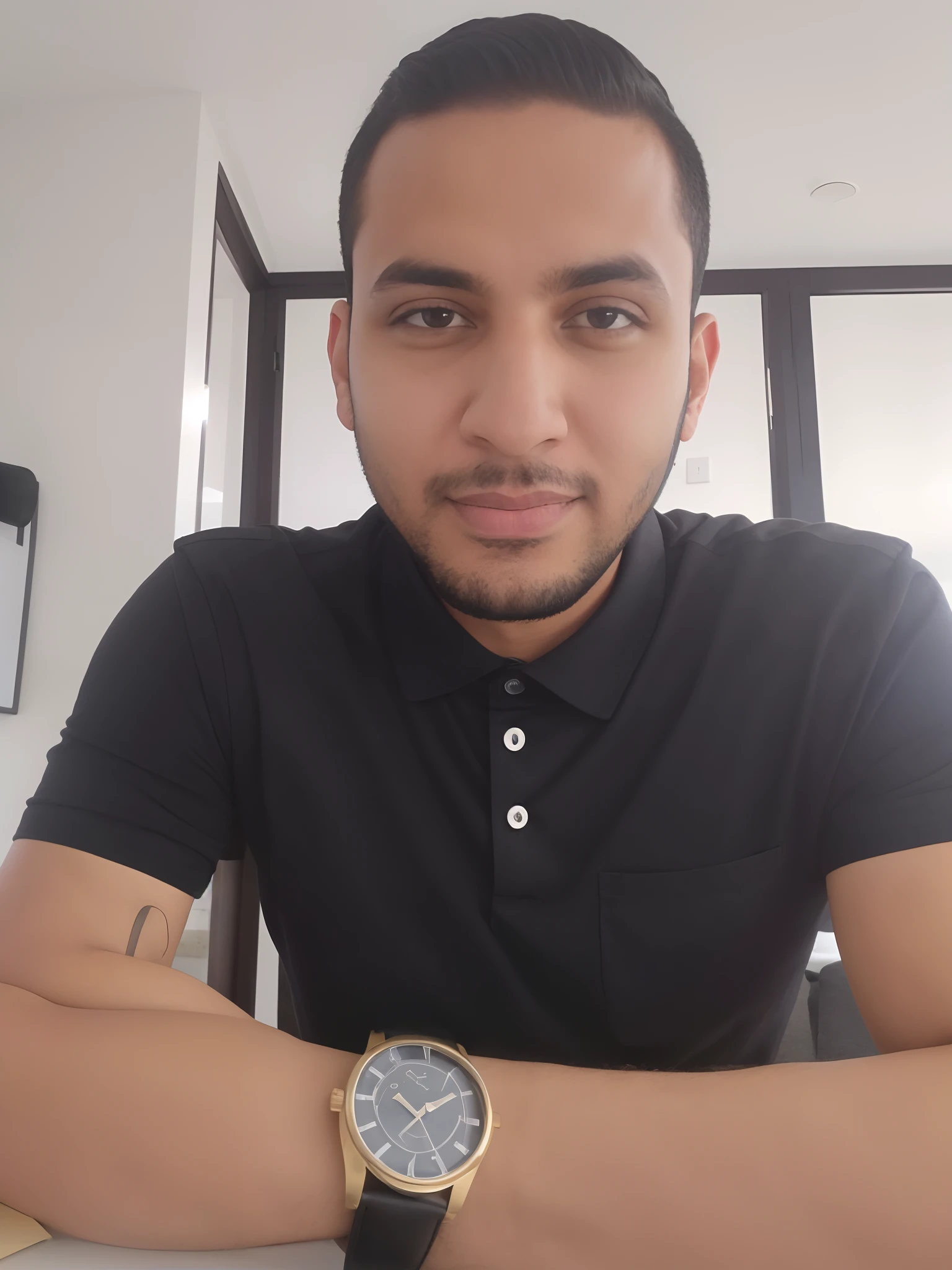 Man in black shirt sitting at a desk with a clock, foto de perfil profissional, imagem profissional, Mohamed Reda, Mohamed Chahin, Alex, caio santos, Emad Mostaque, Ahmad Merheb, imagem de qualidade muito baixa, Foto realista, david rios ferreira, imagem frontal, Amr Elshamy, andres rios