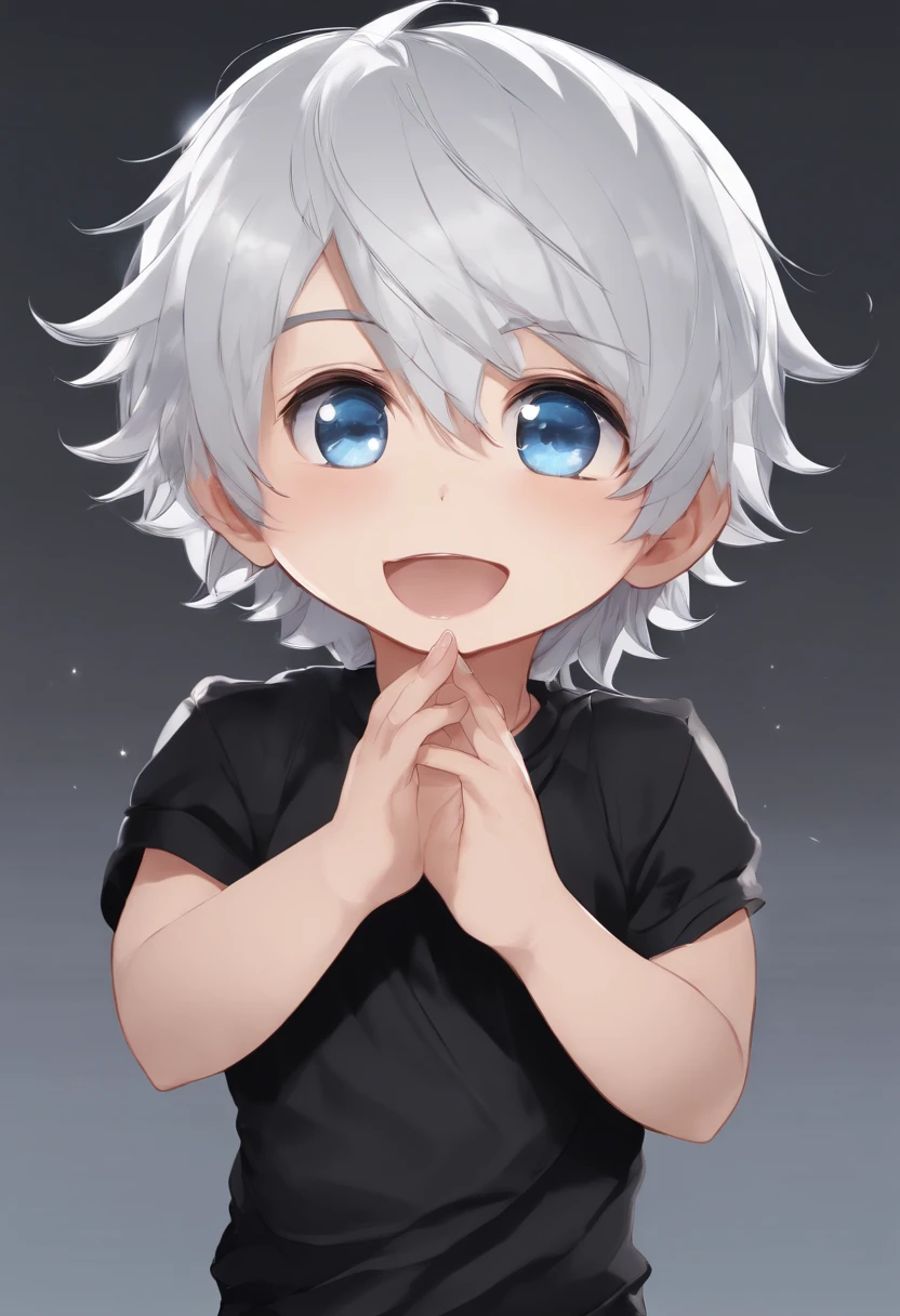 chibi boy white hair, blue eyes, black shirt, laughing hard hands on mouth , transparent background