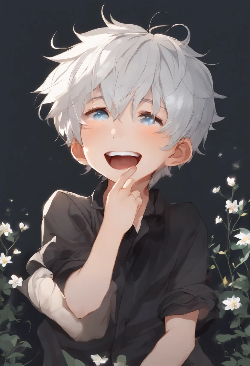 chibi boy white hair, blue eyes, black shirt, laughing hard hands on mouth , transparent background