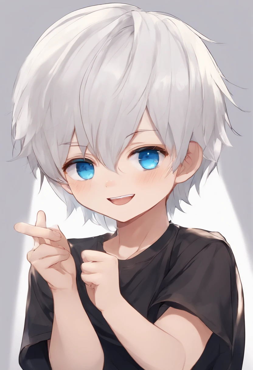 chibi boy white hair, blue eyes, black shirt, laughing hard hands on mouth , transparent background