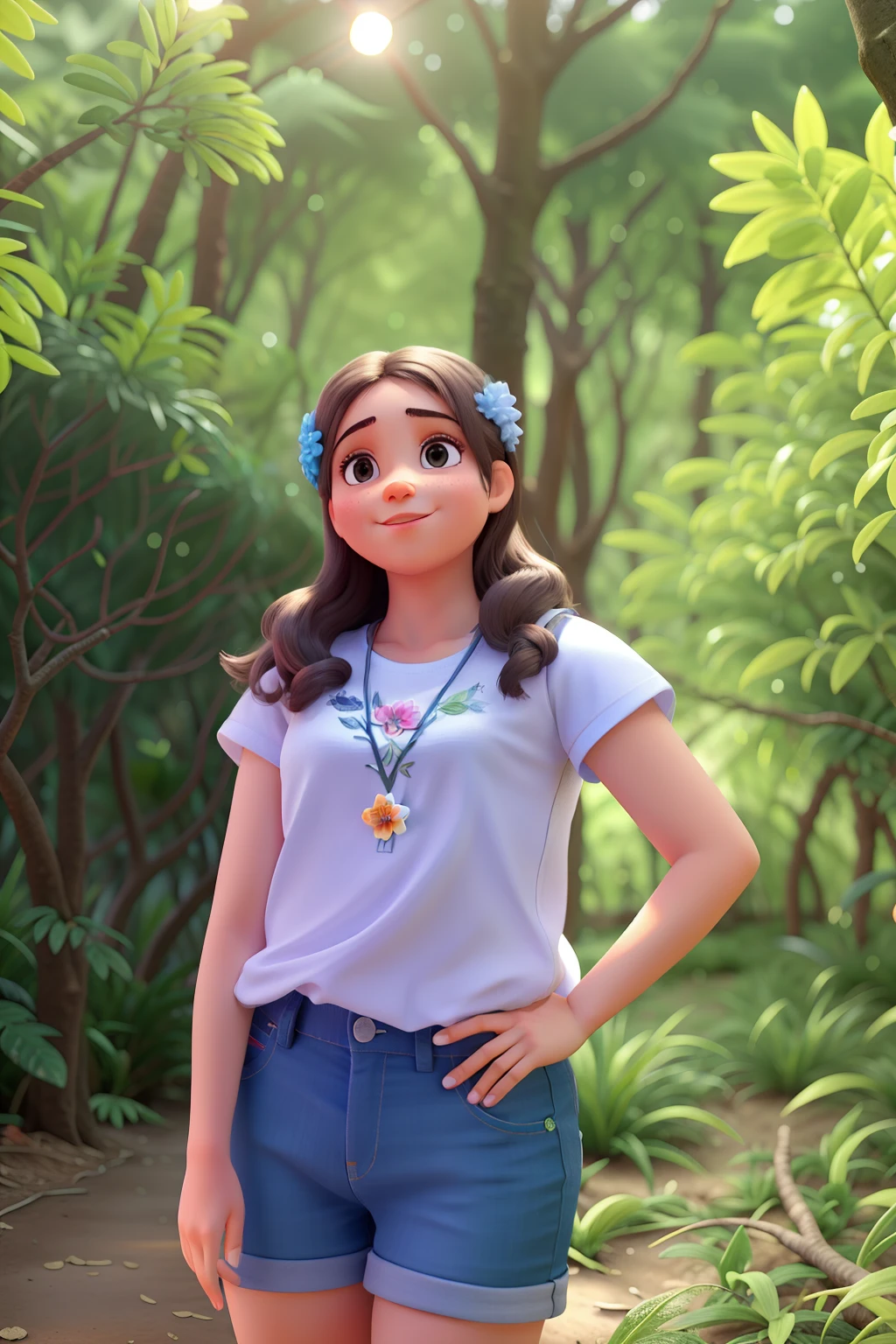 Uma menina parada, iluminado pela luz natural, em uma floresta.