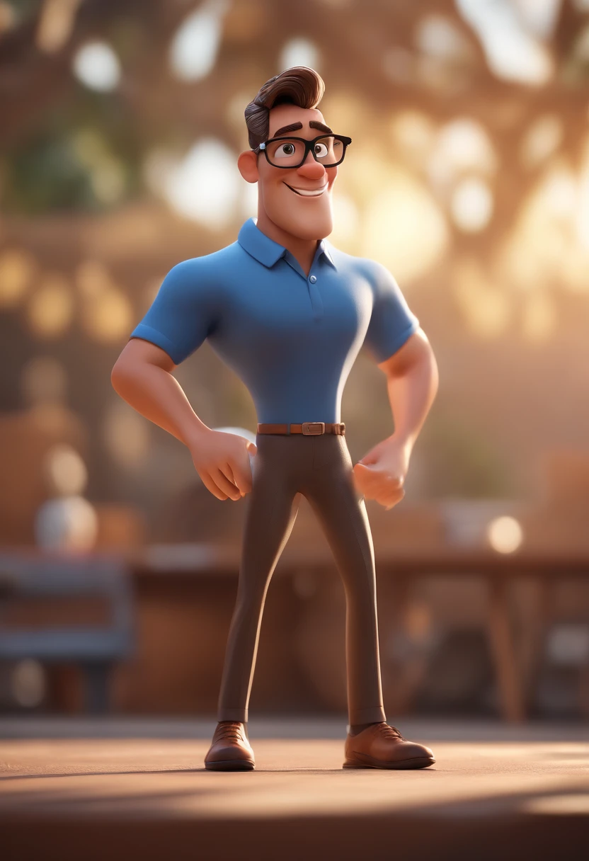 Cartoon character of a man with black glasses and a blue shirt, animation character, Caractere estilizado, animation style rendering, 3D estilizado, Arnold Maya render, 3 d render stylized, toon render keyshot, Personagem 3D, Personagem 3D, 3d rendering stylized, 3 d character render, personagem de desenho animado, Personagem de close up, Pose de personagem,  (Estilo Pixar) (master part:1.2) (Bokeh) (best quality) (pele detalhada) (textura detalhada) (8k) (argila) (Cinematic lighting) (foco nítido