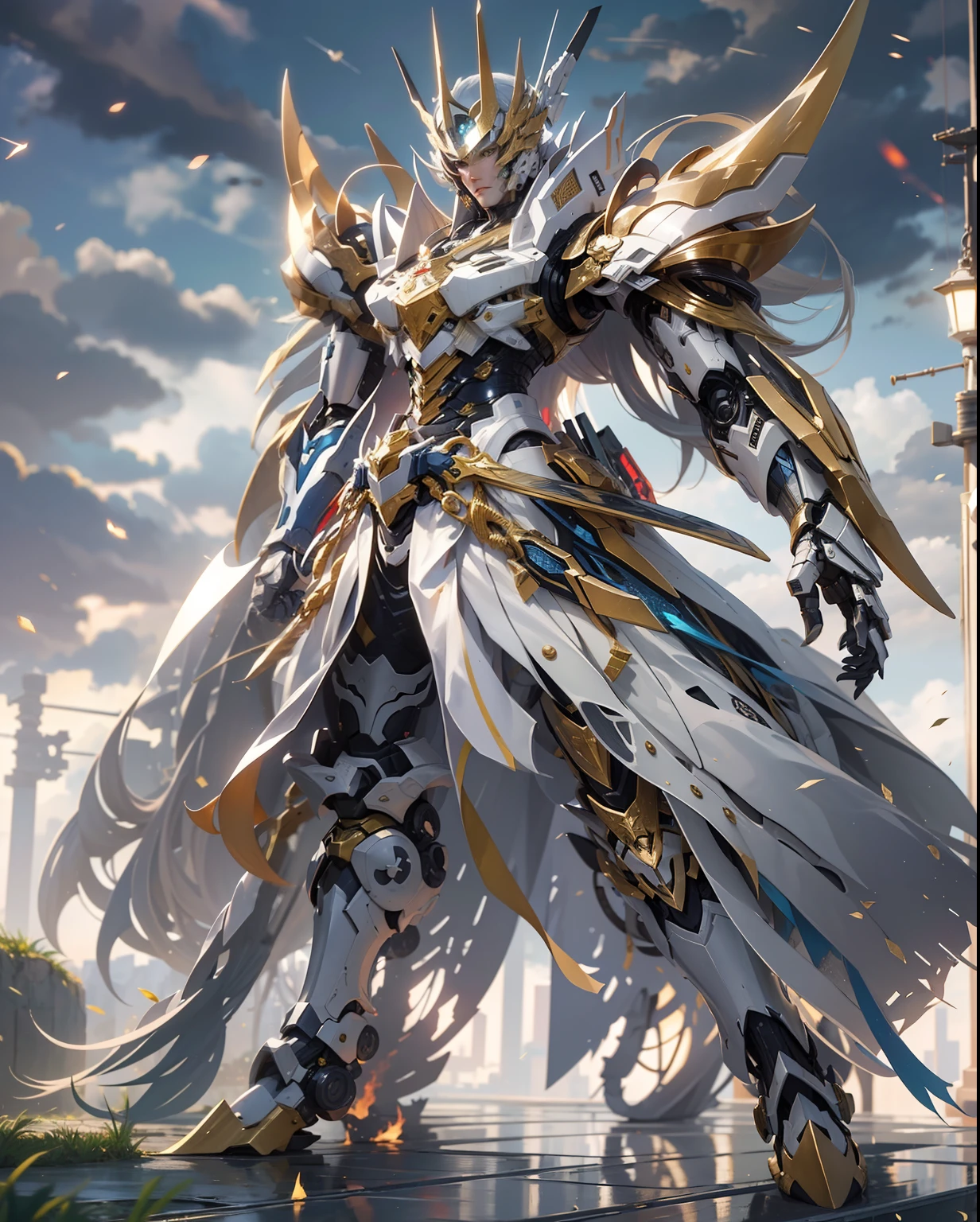 super wide shot, Full body frontal photo,Mecha male warrior， Jade Emperor style,《The mech colors are gold and silver-white》，（《Holding the Xuanyuan sword》，The sword is full of futuristic technology，），（Full body mecha）, Keqing from Genshin Impact, (Masterpiece) ， The best quality， High quality，Gold armor，电影灯光， （Exquisite future）， Beautiful and beautiful， Ultra detailed， great composition， Floating， Depth of field， （Very detailed CG，Unity 8k壁纸）， （Beautiful detail background）， dramatic lights， GOGETTA， Mecha，best qualtiy，超高分辨率，