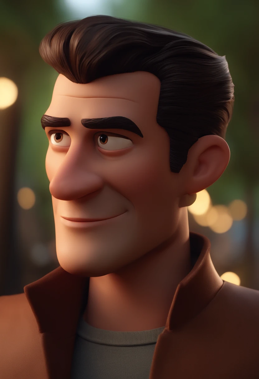 Man dark brown hair animation character, Caractere estilizado, animation style rendering, 3D estilizado, Arnold Maya render, 3 d render stylized, toon render keyshot, Personagem 3D, Personagem 3D, 3d rendering stylized, 3 d character render, personagem de desenho animado, Personagem de close up, Pose de personagem,  (Estilo Pixar) (master part:1.2) (Bokeh) (best quality) (pele detalhada) (textura detalhada) (8k) (argila) (Cinematic lighting) (foco nítido