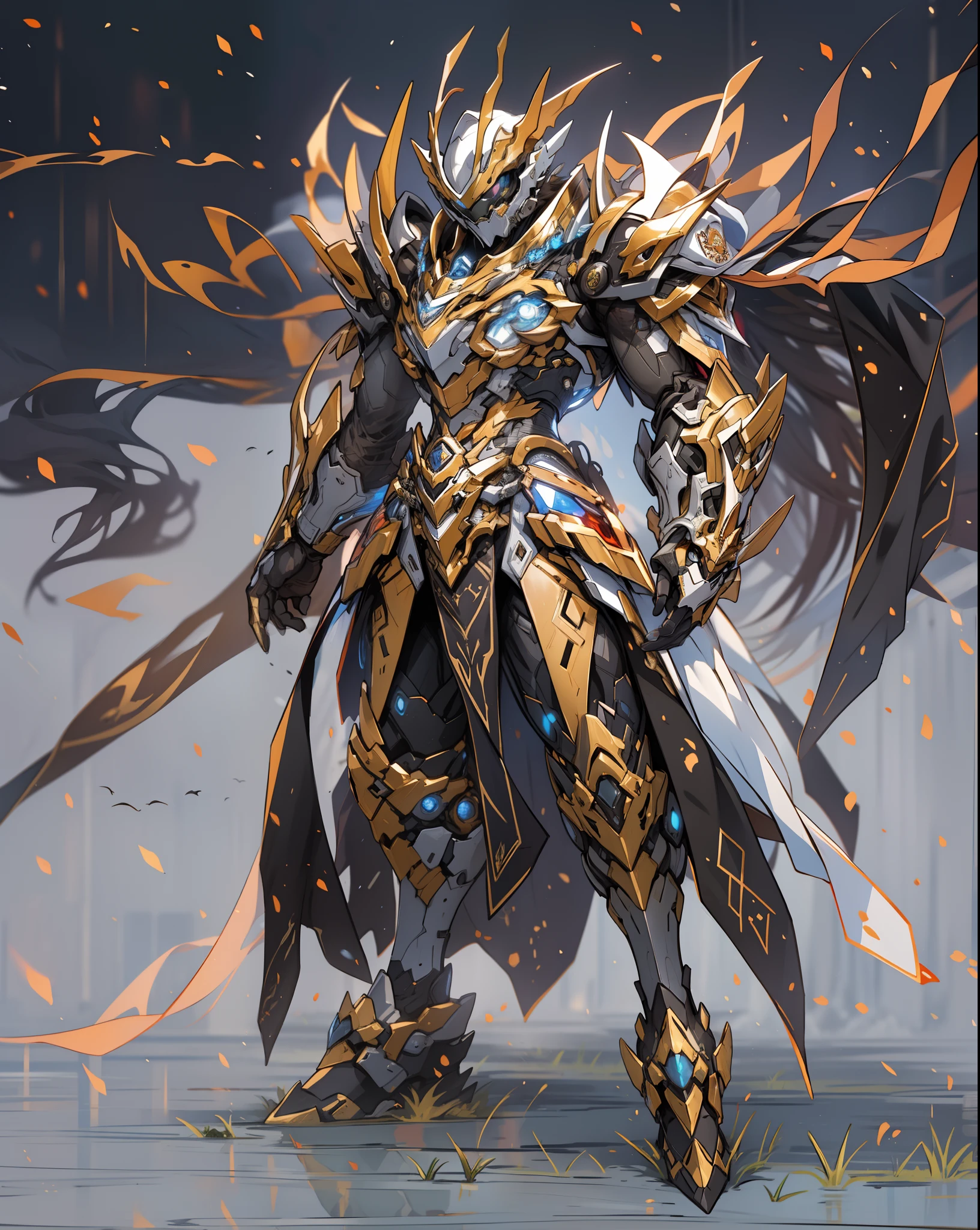 super wide shot, Full body frontal photo, Paladin style,《White and brown mechs》，（Hold the holy sword，《Cloaked》），（There were flames all around，Full body mecha，The whole body is surrounded by the breath of flames）, Keqing from Genshin Impact, (Masterpiece) ， The best quality， High quality，Black and gold shell armor，电影灯光， （Exquisite future）， Beautiful and beautiful， Ultra detailed， great composition， Floating， Depth of field， （Very detailed CG，Unity 8k壁纸）， （Beautiful detail background）， dramatic lights，Orc form，droid，mechs，Dragon tail，Dragon wings，erect through，best qualtiy，超高分辨率，vividness ，Standby，Model design