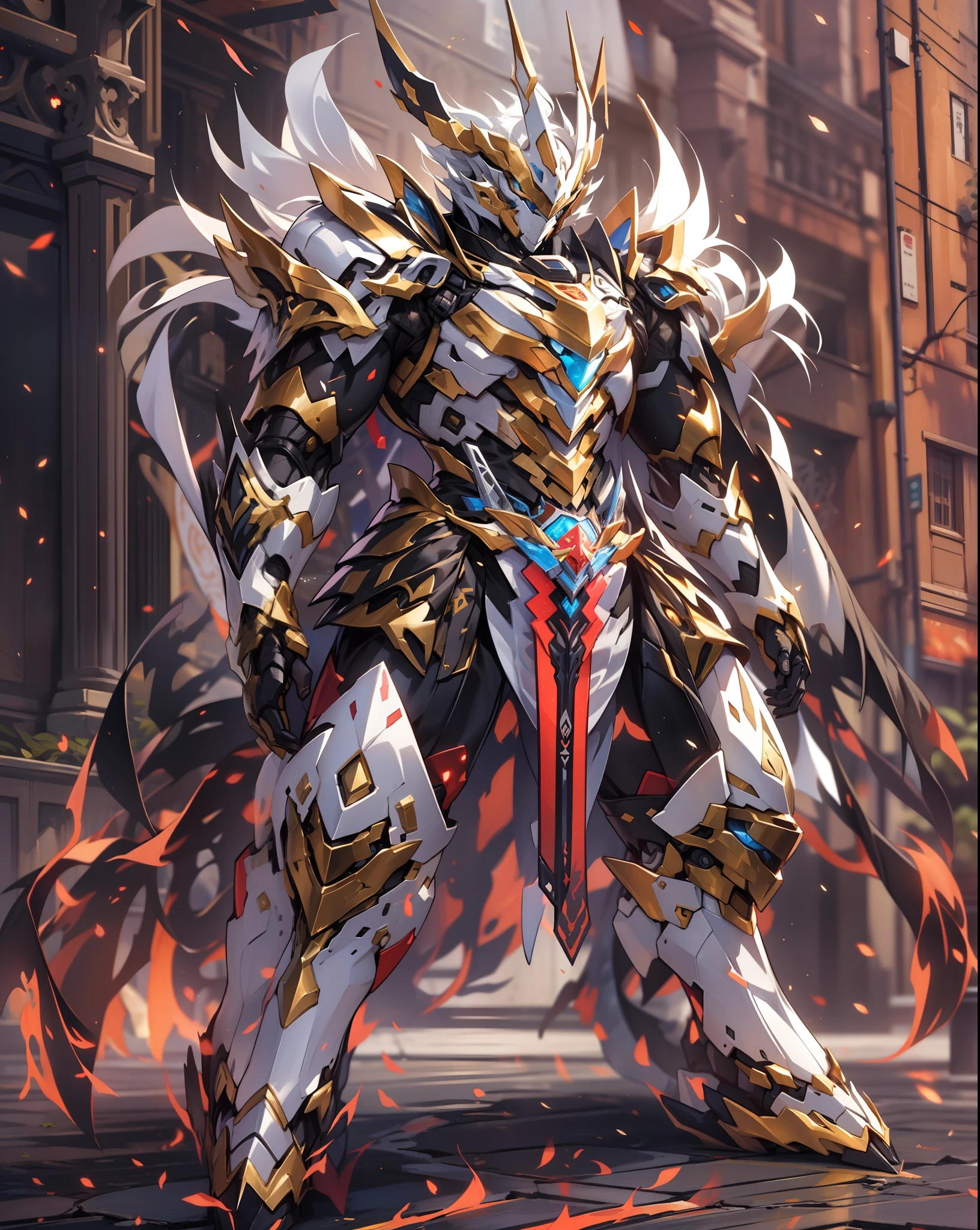 super wide shot, Full body frontal photo, Paladin style,《White and brown mechs》,(Hold the holy sword,《Cloaked》),(There were flames all around,Full body mecha,The whole body is surrounded by the breath of flames), Keqing from Genshin Impact, (Masterpiece) , The best quality, High quality,Black and gold shell armor,电影灯光, (Exquisite future), Beautiful and beautiful, Ultra detailed, great composition, Floating, Depth of field, (Very detailed CG,Unity 8k壁纸), (Beautiful detail background), dramatic lights,Orc form,droid,mechs,Dragon tail,Dragon wings,????? through,best qualtiy,超高分辨率,vividness ,Standby,Model design