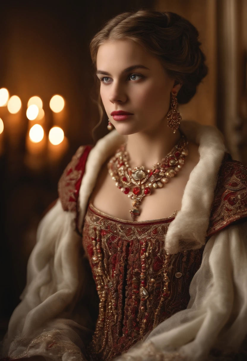 Imagem de um menino Valois, a young French courtesan of the sixteenth century of the fourteenth century, de anos, com sua beleza e charme . Blonde with white hair and beautiful expressive blue curly eyes with small strands and braids. She is dressed in an exquisite black dress with red details with pearls and gold, com um decote mergulhante. Joias finas, colar com muitas perolas e rubis, brincos de perolas e aneis em seus dedos. (melhor qualidade,ultra-realistic:1.2),A high resolution ,ultra-detalhado,