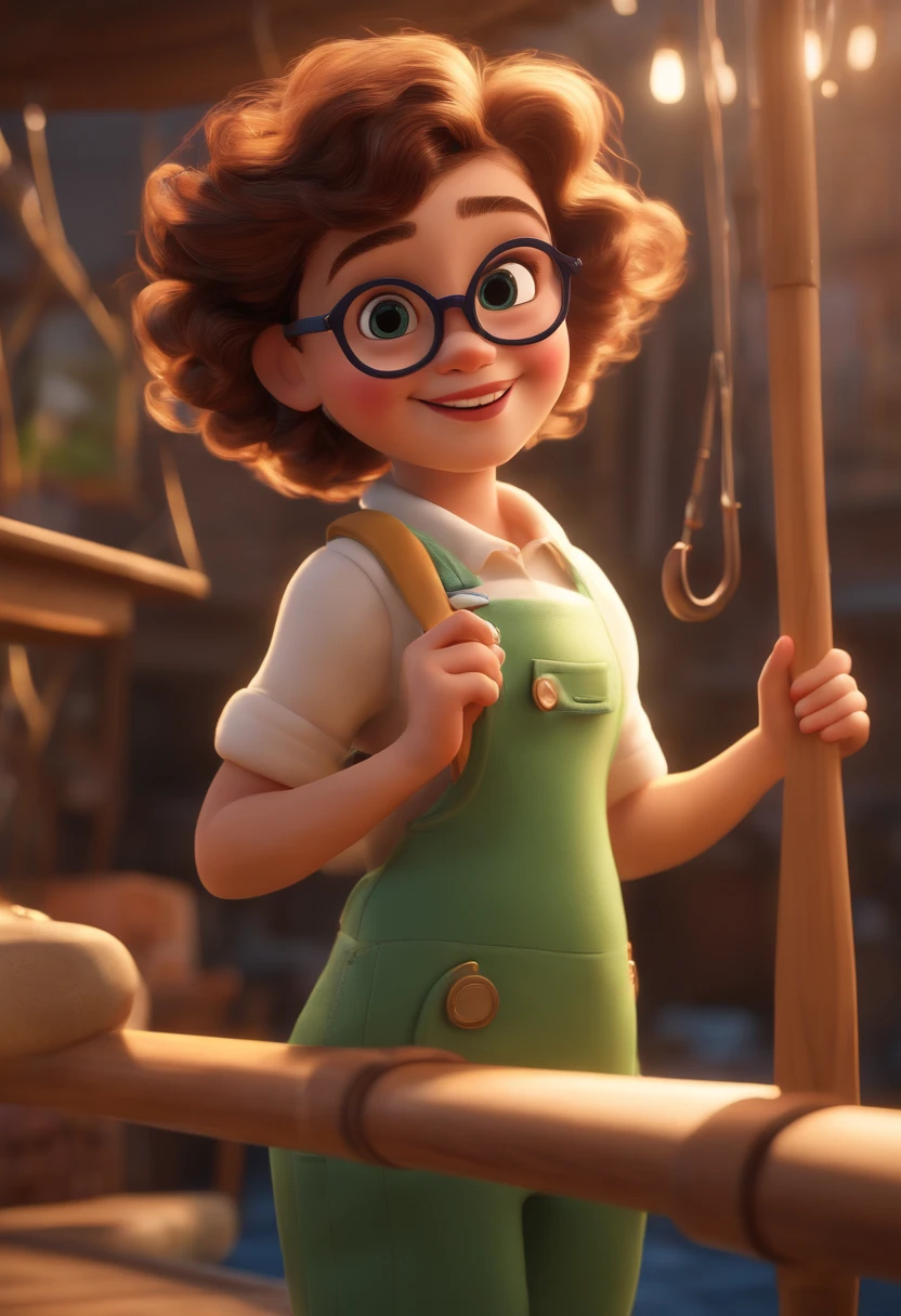 (best quality,4k,8k,highres,masterpiece:1.2),ultra-detailed,(realistic,photorealistic,photo-realistic:1.37),3D character,beautiful detailed eyes,[short curly hair],adorable smile,[white glasses],[close-up],Pixar,Disney,movie lighting,vibrant colors,precise movements,dancing,fishing,cute,pixar style,disney style,animated,fun,joyful,enticing