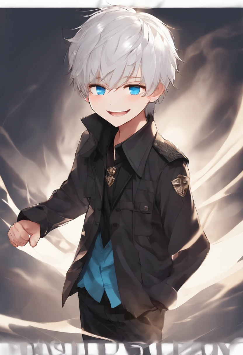 chibi boy white hair, blue eyes, black shirt, laughing hard , transparent background