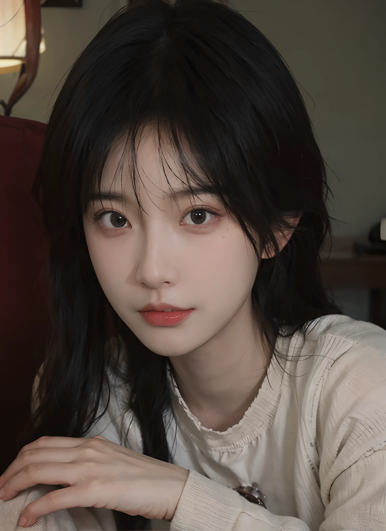 8k, RAW Photo, Best Quality, Masterpiece, High Detail RAW Color Photo, Professional Photo, (Realistic, Photorealistic Photorealism: 1.37), (High Detail Skin: 1.2), High Resolution, Beautiful Detailed Eyes, (Hard Focus: 1.4), (Clear Focus: 1.4), Realistic, (8K UHD:1.2), realistic high-quality shadows, split lips, slender face, (wavy hair), half top knot, a loose braid, pink eye color, suggestive appearance, (extreme face close-up), pov, (((depth of field)), pale and shiny skin, nine-split collar shirt, 30 years old, buruma, roof, bokeh, lens flare, (vignetting: 0.8), dramatic lighting, cinematic lighting, backlighting, professional lighting, physically based rendering, ulzzang-6500-v1.1，pureerosface_v1。
