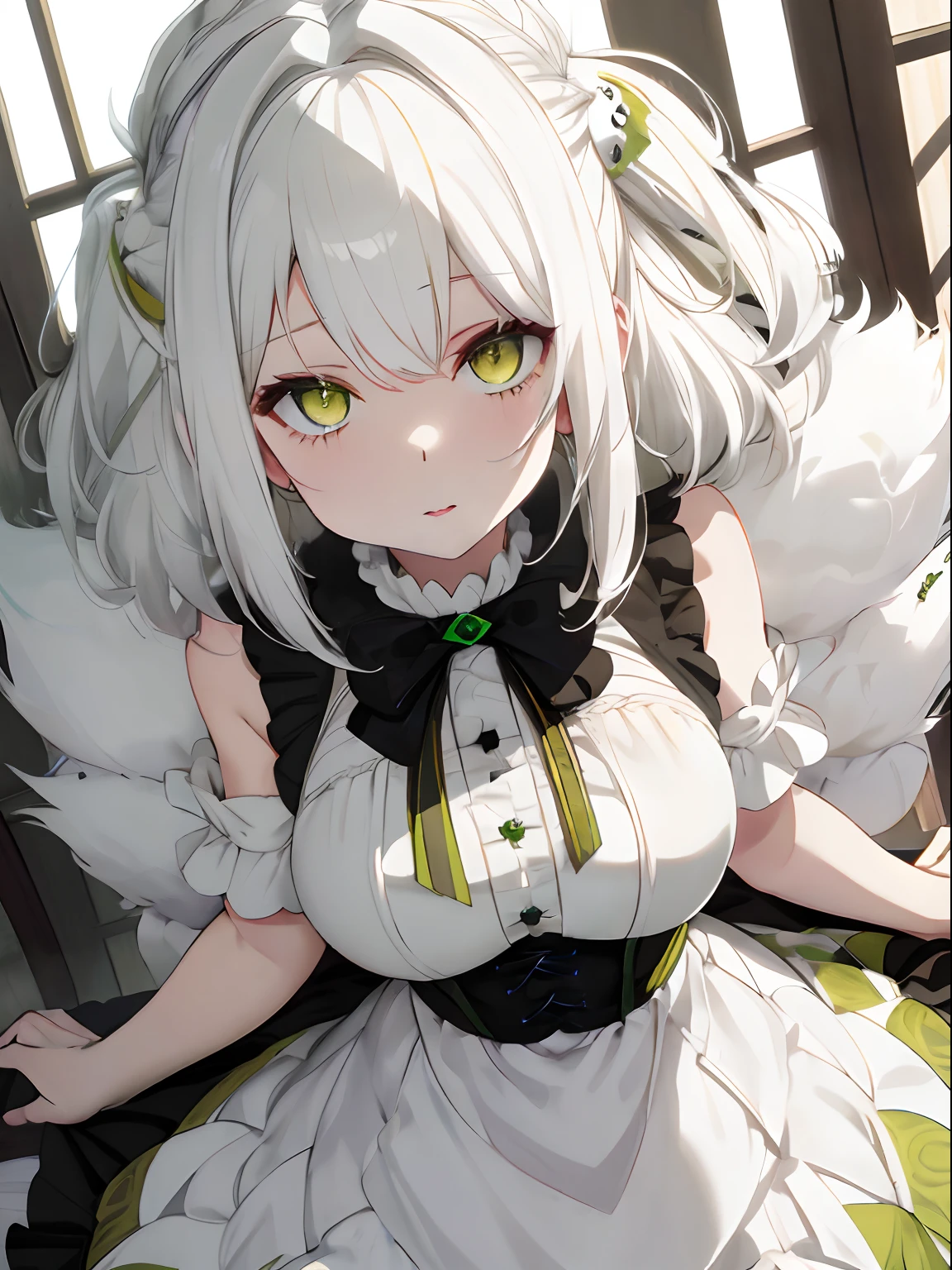 fluffy White hair,pale yellow-green eyes,Dress Sex,Hollow eyes