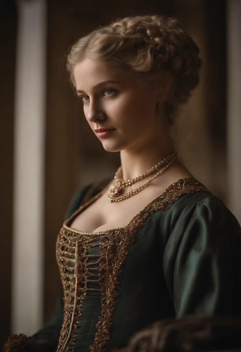 Imagem de um menino Valois, a young French courtesan of the sixteenth century of the fourteenth century, de 16 anos, com sua beleza e charme . Blonde with white hair and beautiful expressive blue curly eyes with small strands and braids. She is dressed in an exquisite black dress with red details with pearls and gold, com um decote mergulhante. Joias finas, colar com muitas perolas e rubis, brincos de perolas e aneis em seus dedos. (melhor qualidade,ultra-realistic:1.2),A high resolution ,ultra-detalhado,