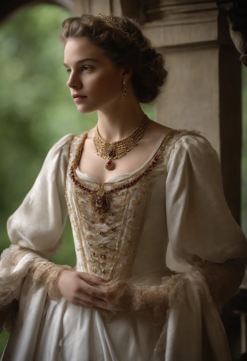 Imagem de um menino Valois, a young French courtesan of the sixteenth century of the fourteenth century, de 16 anos, com sua beleza e charme . Blonde with white hair and beautiful expressive blue curly eyes with small strands and braids. She is dressed in an exquisite black dress with red details with pearls and gold, com um decote mergulhante. Joias finas, colar com muitas perolas e rubis, brincos de perolas e aneis em seus dedos. (melhor qualidade,ultra-realistic:1.2),A high resolution ,ultra-detalhado,