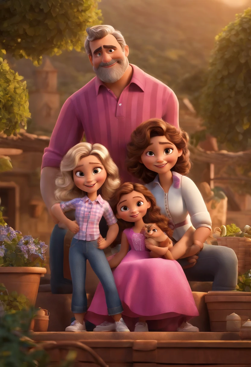 a poster of the Disney and pixar movie of a family The mother has hair with a lot of highlights, the skin color is white, with a long-sleeved leopard blouse and jeans, the father has white hair, the color of skin and white, wears a long-sleeved plaid blouse, jeans and a boot, the daughter has brown hair, brown eyes, wears a beautiful hot pink dress and A Tennis Background on the Farm Title The Happiest Family 3D Rendering