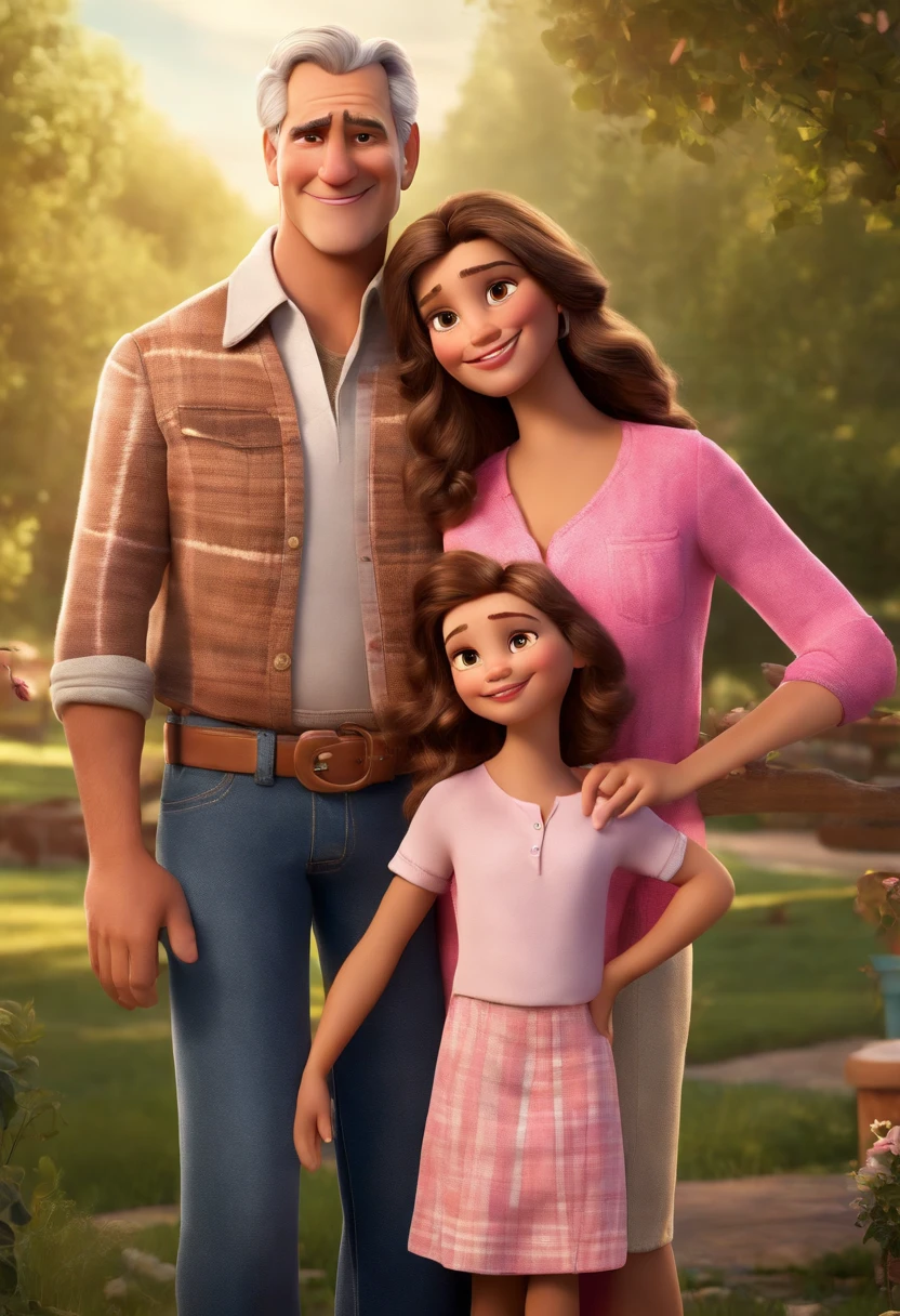 a poster of the Disney and pixar movie of a family The mother has hair with a lot of highlights, the skin color is white, with a long-sleeved leopard blouse and jeans, the father has white hair, the color of skin and white, wears a long-sleeved plaid blouse, jeans and a boot, the daughter has brown hair, brown eyes, wears a beautiful hot pink dress and A Tennis Background on the Farm Title The Happiest Family 3D Rendering