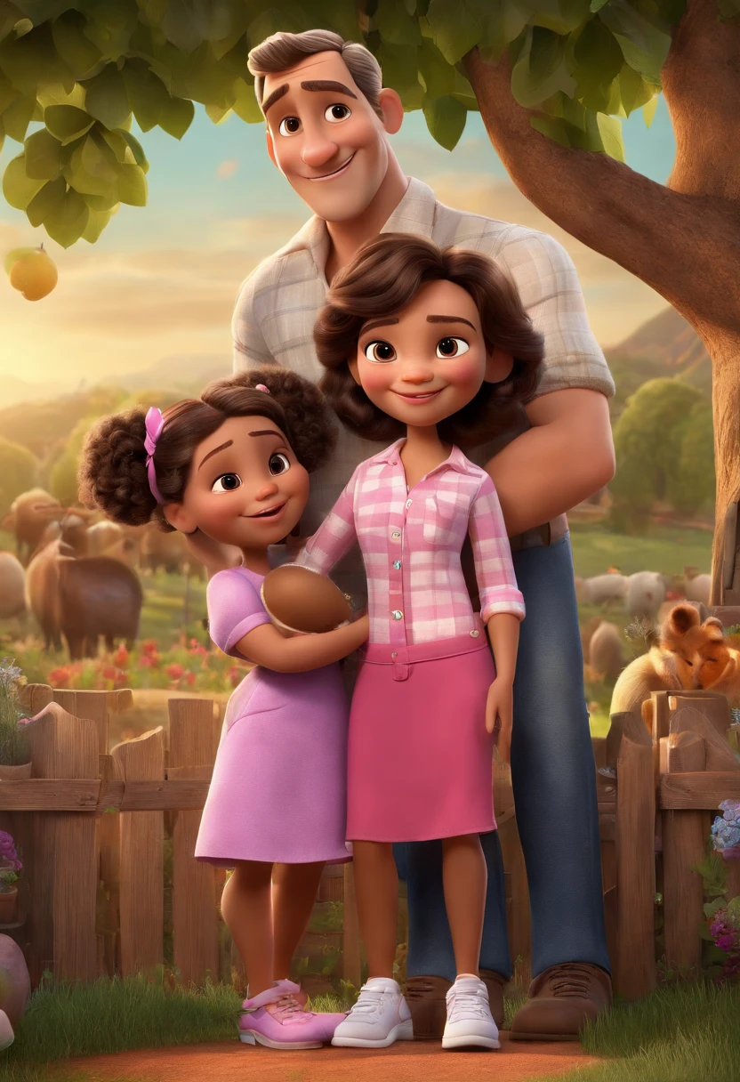 a poster of the Disney and pixar movie of a family The mother has hair with a lot of highlights, the skin color is white, with a long-sleeved leopard blouse and jeans, the father has white hair, the color of skin and white, wears a long-sleeved plaid blouse, jeans and a boot, the daughter has brown hair, brown eyes, wears a beautiful hot pink dress and A Tennis Background on the Farm Title The Happiest Family 3D Rendering