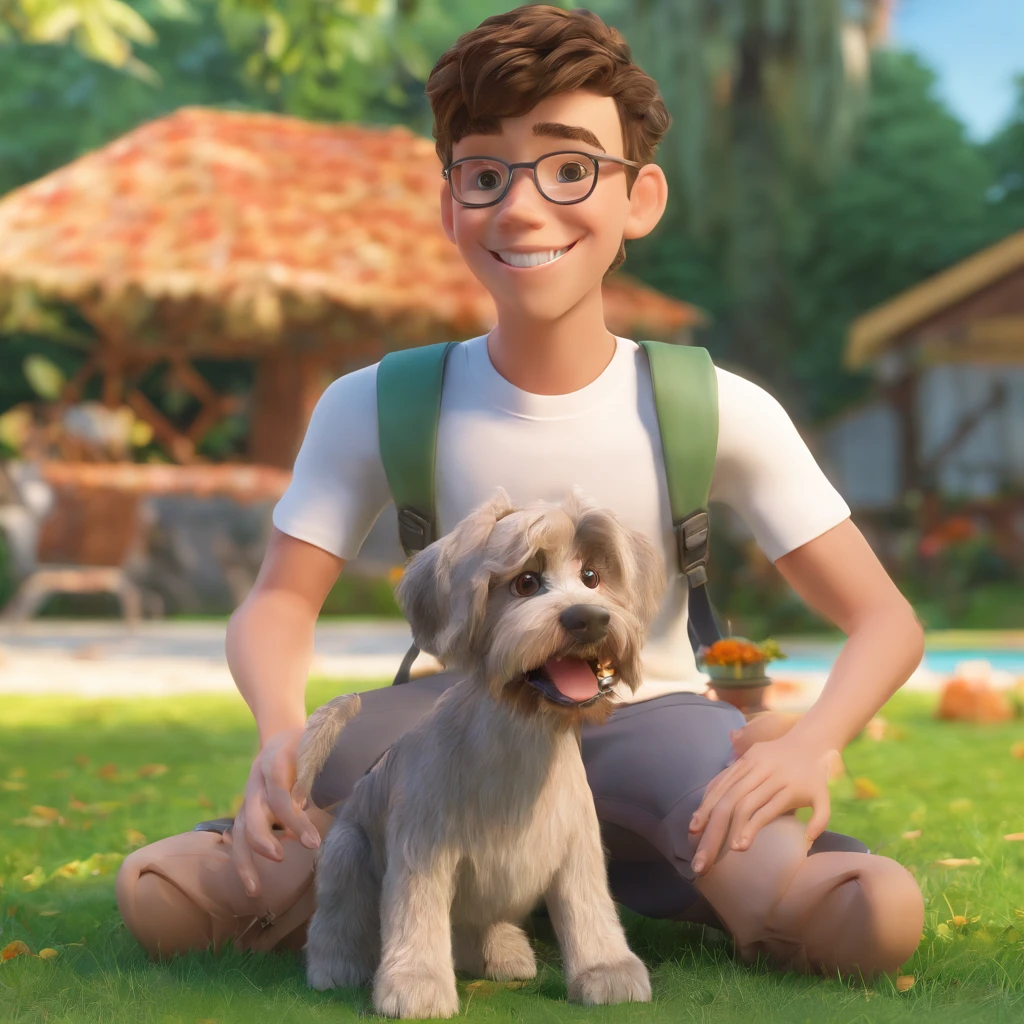 Lucas is a smiling 15-year-old human boy, com seu fiel amigo, Bolt, o cachorro schnauzer, deitados no jardim