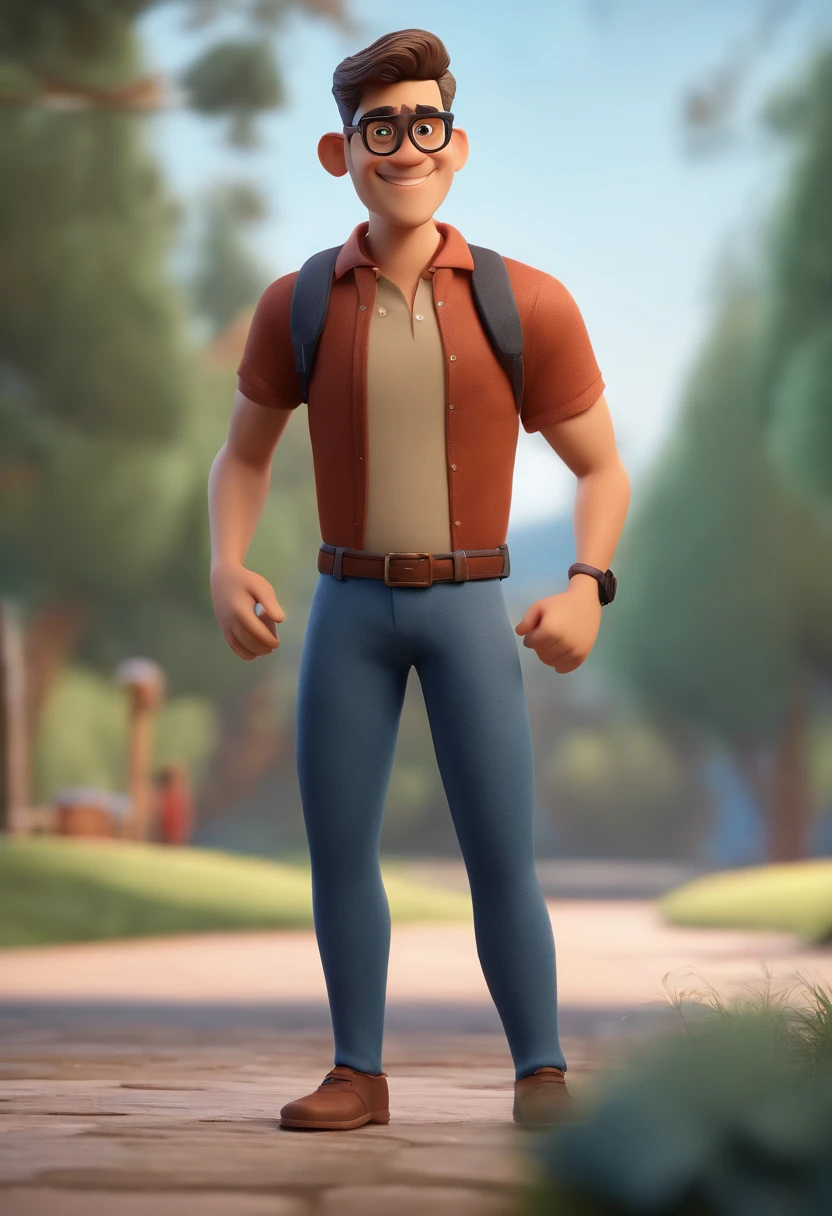 Cartoon character of a man with rectangular black glasses and a blue shirt, olhos azuis, cabelo loiro, animation character, Caractere estilizado, animation style rendering, 3D estilizado, Arnold Maya render, 3 d render stylized, toon render keyshot, Personagem 3D, Personagem 3D, 3d rendering stylized, 3 d character render, personagem de desenho animado, Personagem de close up, Pose de personagem,  (Estilo Pixar) (master part:1.2) (Bokeh) (best quality) (pele detalhada) (textura detalhada) (8k) (argila) (Cinematic lighting) (foco nítido