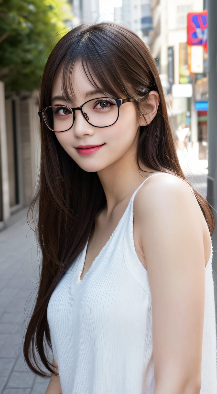 ((japanaese girl)), 8K, Raw photo, Best Quality, ultra-detailliert, Ultra High Resolution, Realistic, photographrealistic, high-definition RAW color photography, professional photograpy, Extremely detailed, 8K Wallpaper, amazing, finely detail, Huge file size, extra detailed face, extremely detailed eye, highlydetailed skin, extremely detailed fingers, highly detailed nose, highly detail mouth, Perfect Anatomy, Highly detailed background, Realistic body, Good figure, blown hair, (Medium Hair), Cute face, Photography, (happy smile), Perfect Skin, Perfect Anatomy, cleavage, (Round glasses), (lace queen), (Mole), ((circuit)), high-angle shot, swept bangs, Full body shot,
