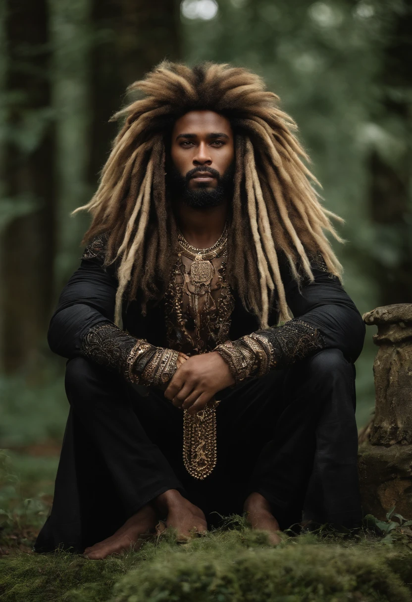 Um Homem forte e bom serio , Vestido com uma roupa antiga, uma sobretudo de pano cru, e um casaco de pelo branco por cima dos ombros, He looks like a lion, e usa uma coroa de espinhos, It is black and has full dreadlocks with copper and blonde colors.