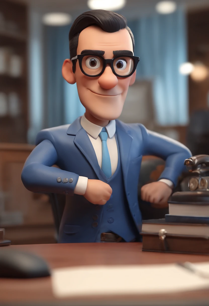 personagem dos desenhos animados de um homem de 45 anos, Short black hair with black glasses and a blue suit with light blue shirt in a law office animation character, Caractere estilizado, animation style rendering, 3D estilizado, Arnold Maya render, 3 d render stylized, toon render keyshot, Personagem 3D, Personagem 3D, 3d rendering stylized, 3 d character render, personagem de desenho animado, Personagem de close up, Pose de personagem,  (Estilo Pixar) (master part:1.2) (Bokeh) (best quality) (pele detalhada) (textura detalhada) (8k) (argila) (Cinematic lighting) (foco nítido