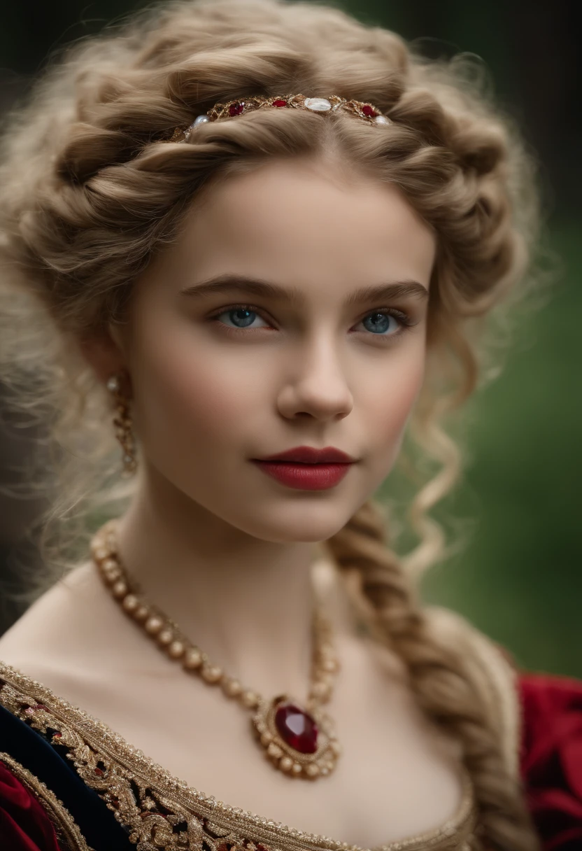 Imagem de um menino Valois, a young French courtesan of the sixteenth century of the fourteenth century, de 16 anos, com sua beleza e charme . Blonde with white hair and beautiful expressive blue curly eyes with small strands and braids. She is dressed in an exquisite black dress with red details with pearls and gold, com um decote mergulhante. Joias finas, colar com muitas perolas e rubis, brincos de perolas e aneis em seus dedos. (melhor qualidade,ultra-realistic:1.2),A high resolution ,ultra-detalhado,