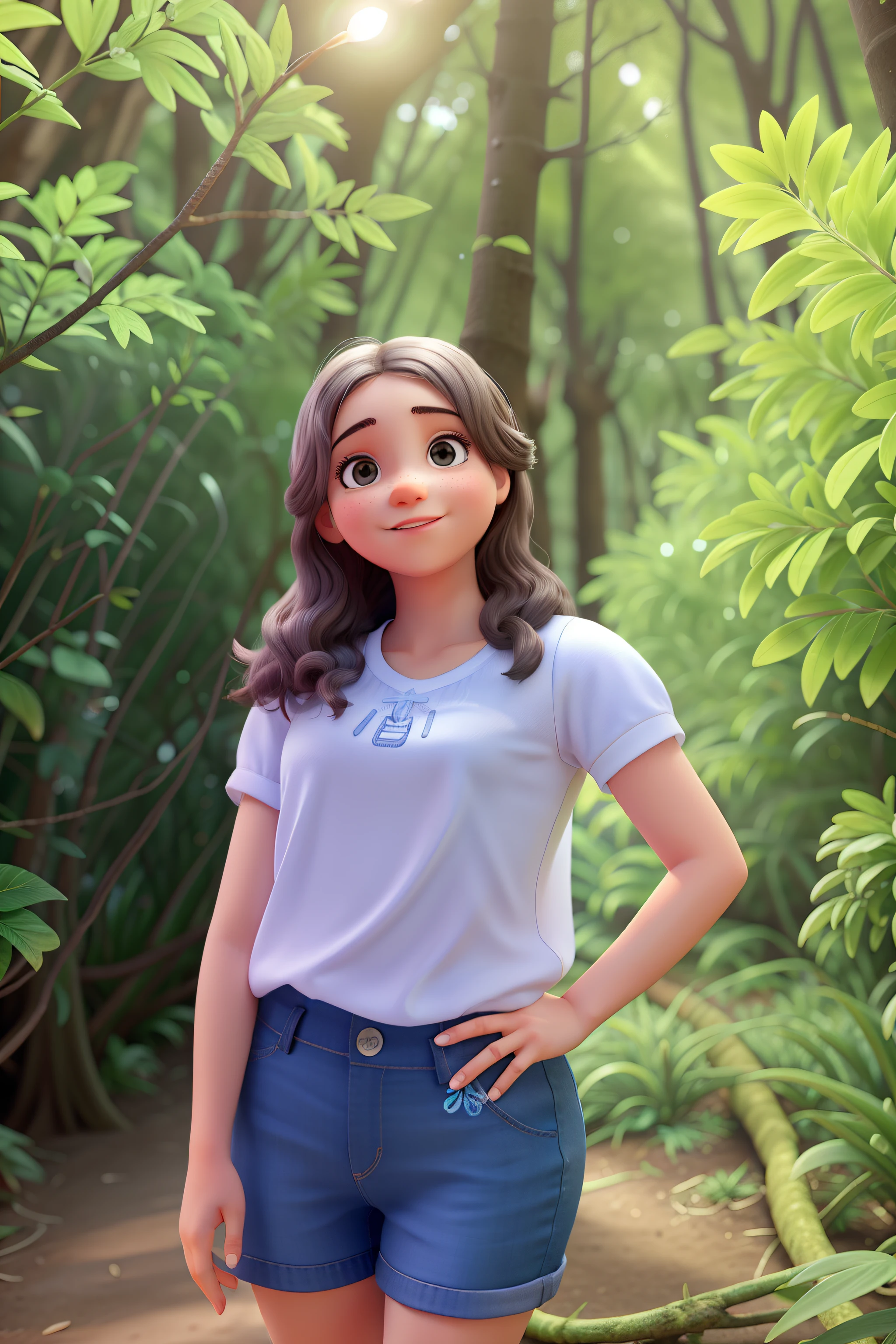 Uma menina parada, iluminado pela luz natural, em uma floresta.