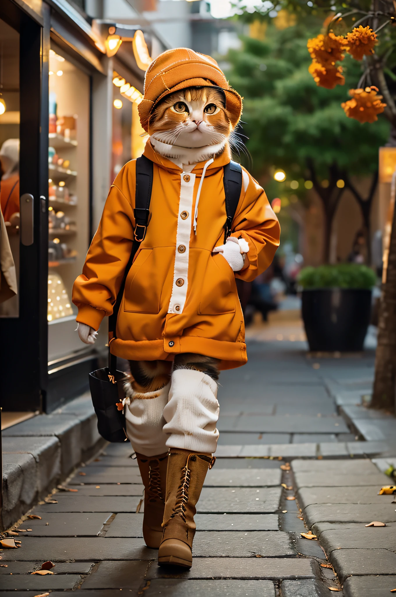 maomi，tmasterpiece，best qualtiy，A cute orange kitten，Wear autumn fashion，Booties，cute hats，Pleasant expression，Walk the streets of the city，super detailed,vivid color，studio lighting,professional photography,uhd